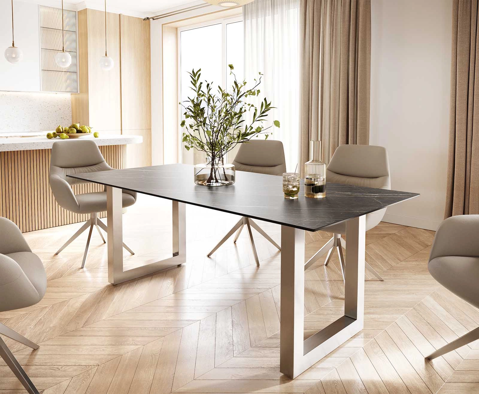 Esstisch Edge 200x100 Keramik Laminam® Noir Desir Braun Edelstahl Breit
