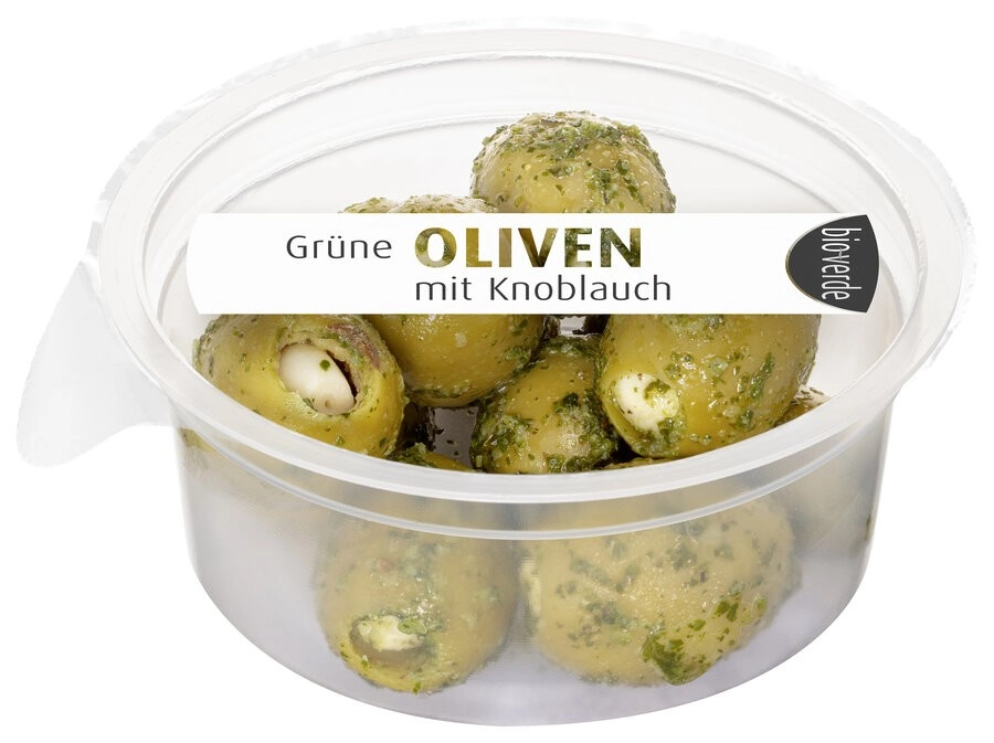 bio-verde Prepack Grüne Oliven m.Knobl., 80 gr Bec