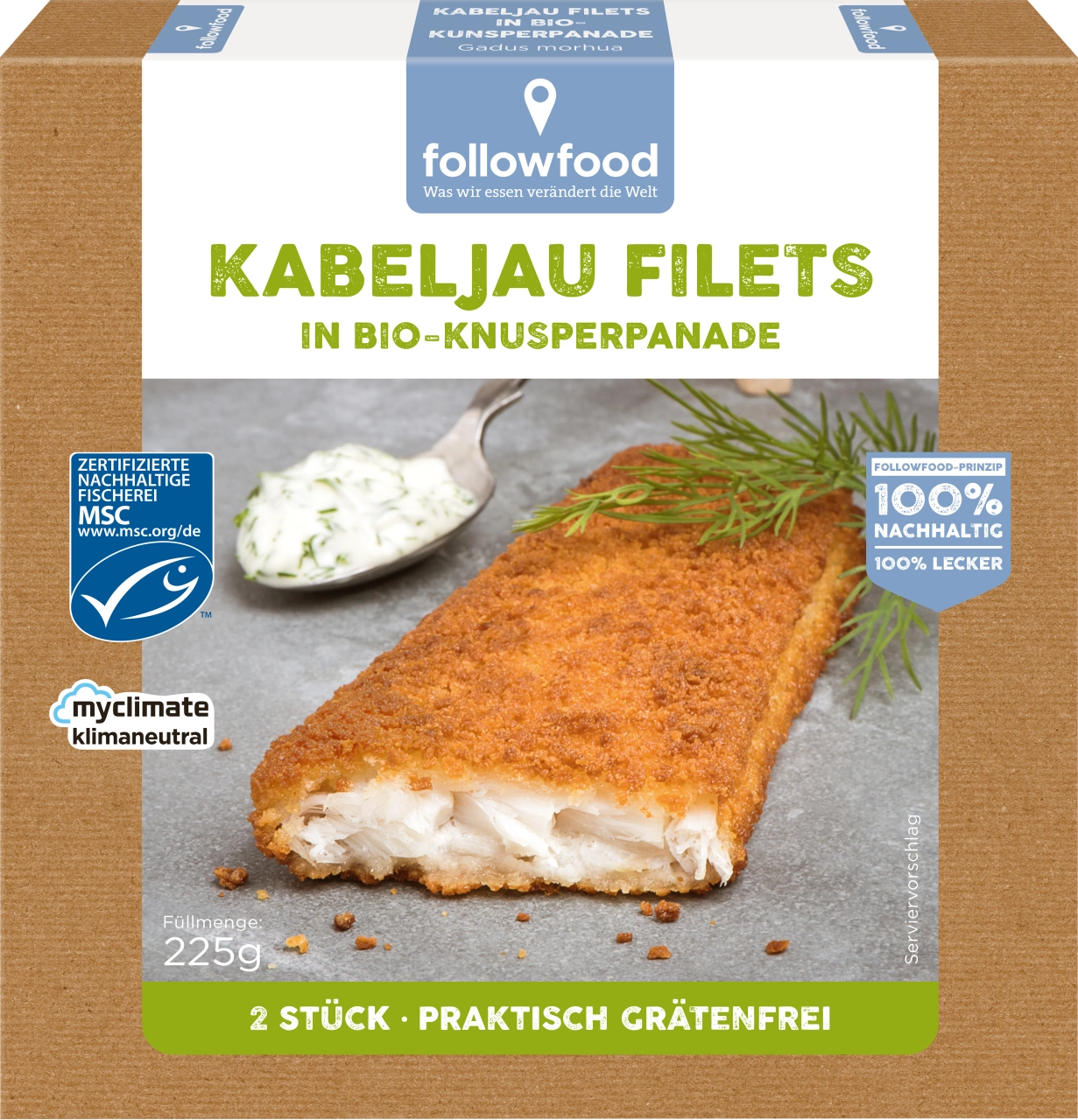 Kabeljau Filets in Bio-Knusperpanade, 225 gr Packung, gefroren