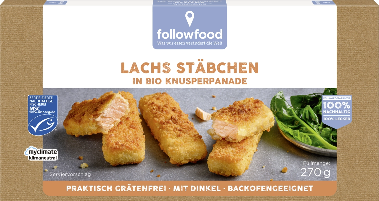 Wildfang Wildlachsstäbchen in Bio-Dinkelpanade, 270 gr Schachtel gefroren