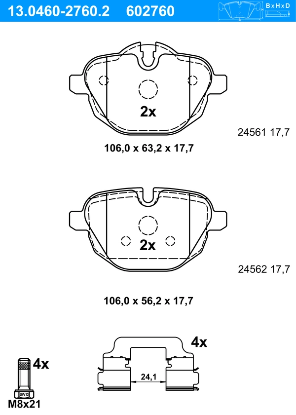 ATE Bremsbelagsatz 13.0460-2760.2 Bremsbeläge,Bremsklötze BMW,MINI,5 Touring (F11),5 Limousine (F10),X3 (F25),5 Limousine (G30, F90),X4 (F26)