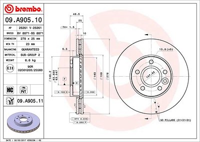 BREMBO Bremsscheibe 09.A905.11 Bremsscheiben,Scheibenbremsen FORD,VOLVO,FOCUS III Turnier,FOCUS III,C-Max II (DXA/CB7, DXA/CEU)