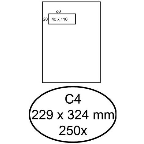 250 gummierte Umschläge 120gr mit Fenster links C4 229 x 324 mm