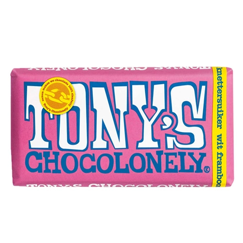 Tony&apos;s Chocolonely - Weiße Schokolade mit Himbeere und Knisterzucker - 180g