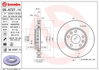 BREMBO Bremsscheibe 09.A727.11 Bremsscheiben,Scheibenbremsen RENAULT,NISSAN,DACIA,MEGANE III Grandtour (KZ0/1),Scénic III (JZ0/1_)