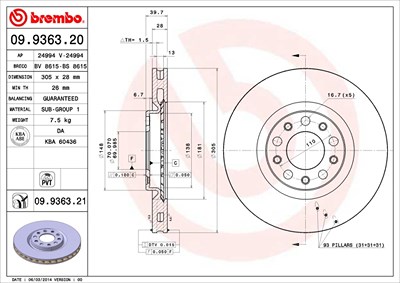 BREMBO Bremsscheibe 09.9363.21 Bremsscheiben,Scheibenbremsen FIAT,ALFA ROMEO,JEEP,500X (334_),159 Sportwagon (939),GIULIETTA (940),159 (939)