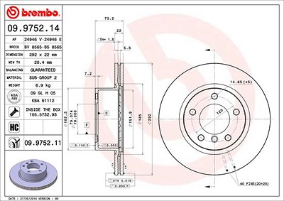 BREMBO Bremsscheibe 09.9752.11 Bremsscheiben,Scheibenbremsen BMW,3 Limousine (E90),1 Schrägheck (E87),1 Schrägheck (E81),1 Coupe (E82),1 Cabrio (E88)