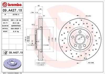 BREMBO Bremsscheibe 09.A427.1X Bremsscheiben,Scheibenbremsen FORD,VOLVO,LAND ROVER,MONDEO IV Turnier (BA7),S-MAX (WA6),GALAXY (WA6),MONDEO IV (BA7)