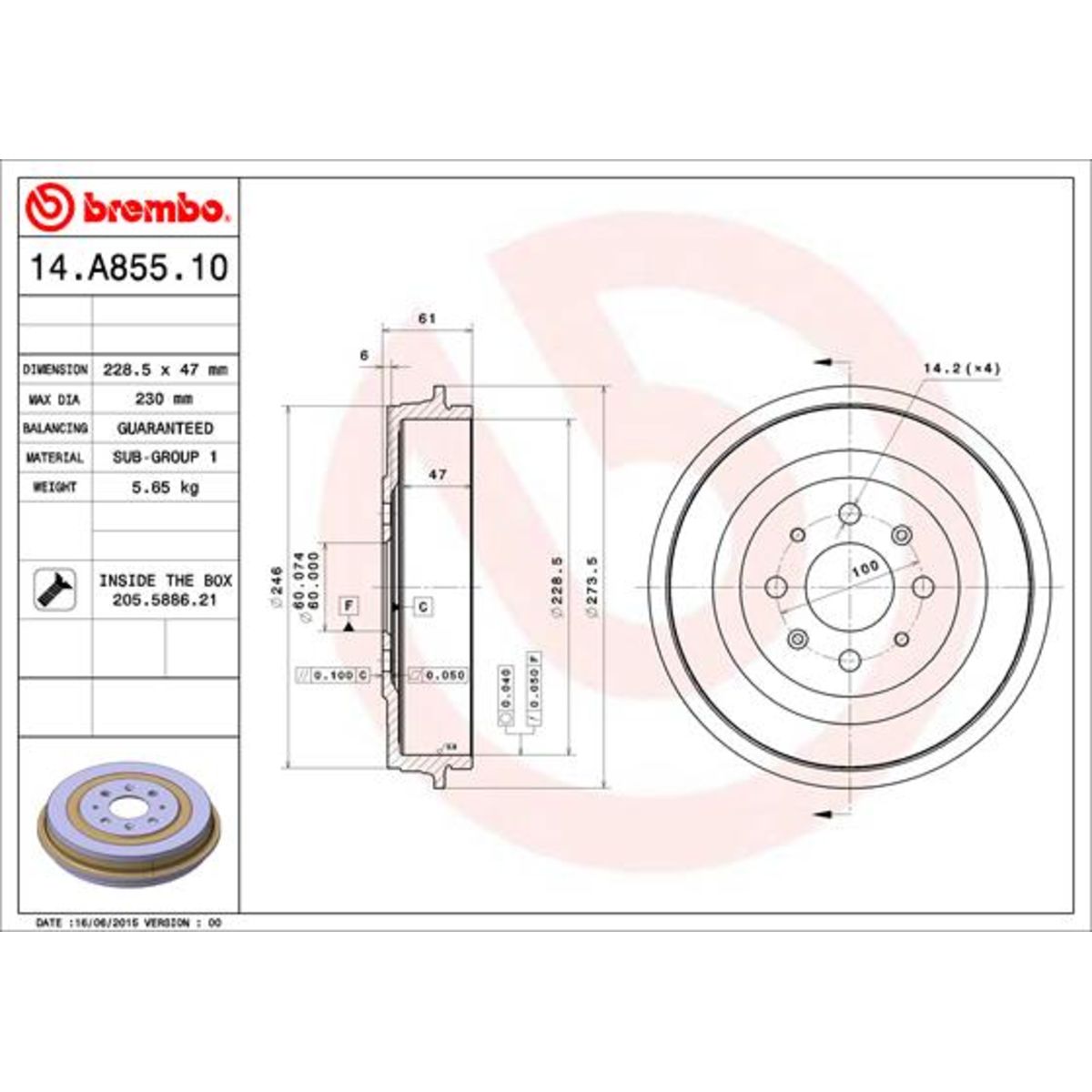 BREMBO Bremstrommel 14.A855.10  OPEL,FIAT,VAUXHALL,Corsa D Schrägheck (S07),Adam (M13),Corsa D Van (S07),GRANDE PUNTO (199),PUNTO EVO (199)