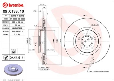 BREMBO Bremsscheibe 09.C138.11 Bremsscheiben,Scheibenbremsen VOLVO,V50 (545),V40 Schrägheck (525, 526),C30 (533),S40 II (544),C70 II Cabrio (542)