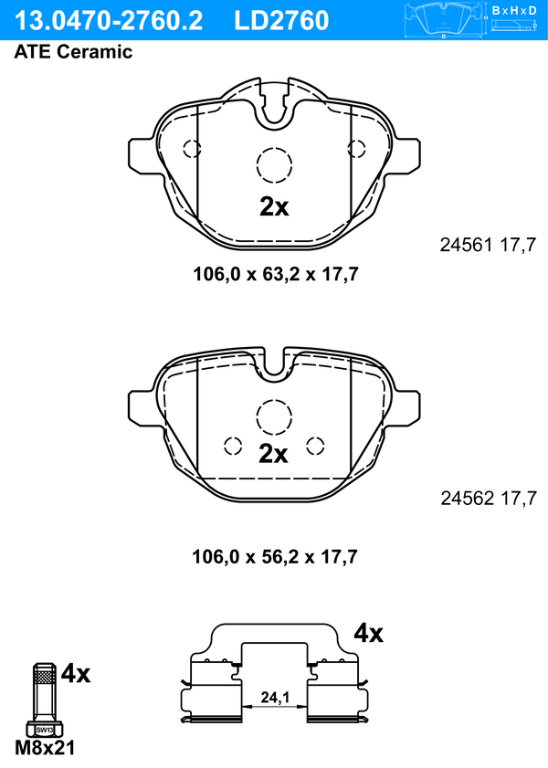 ATE Bremsbelagsatz 13.0470-2760.2 Bremsbeläge,Bremsklötze BMW,MINI,5 Touring (F11),5 Limousine (F10),X3 (F25),5 Limousine (G30, F90),X4 (F26)