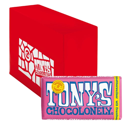 Tony&apos;s Chocolonely - Weiße Schokolade mit Himbeere und Knisterzucker - 15x 180g