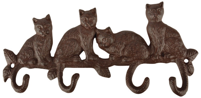 Wandgarderobe Katzen Gusseisen 4 Haken Antik-Braun