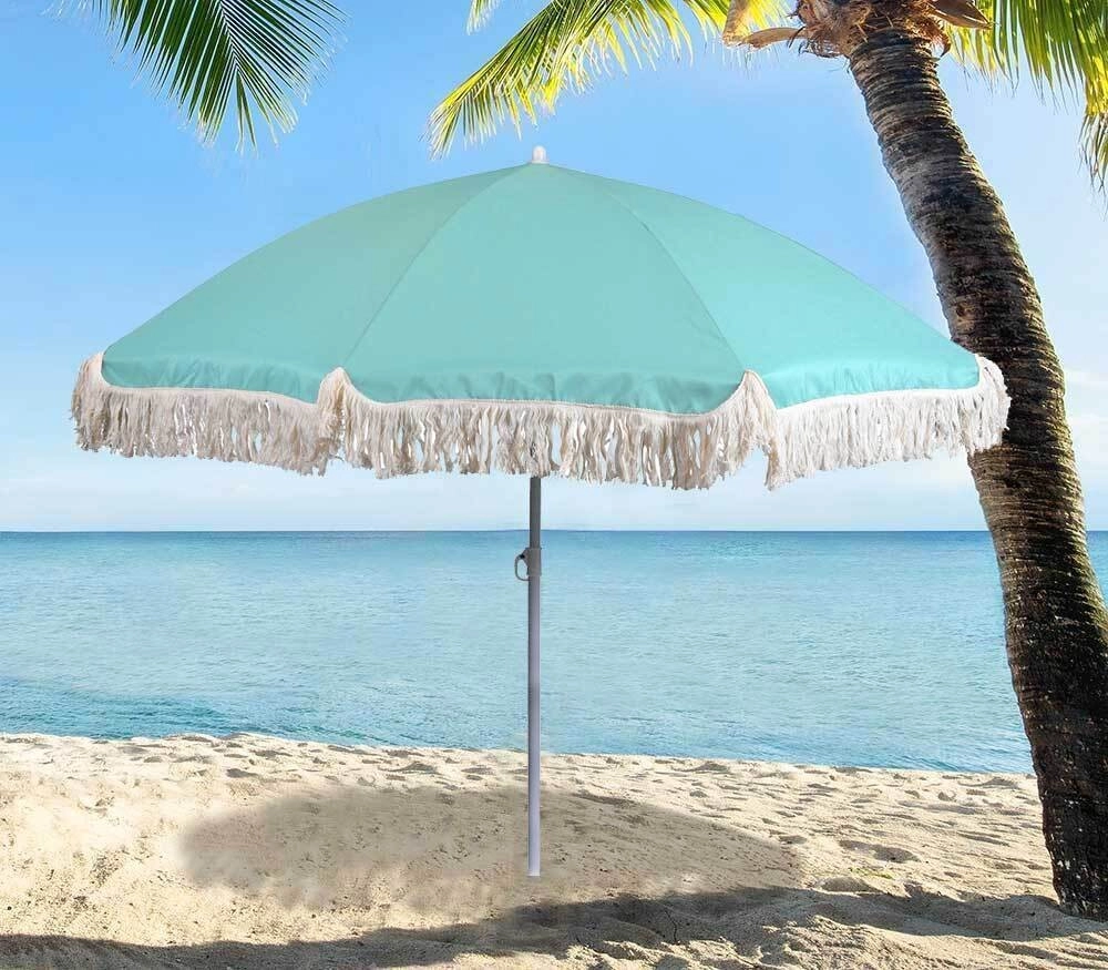 Sonnenschirm BALI Türkis mit Fransen UV Schutz Knickbar Erdspieß Ø 160cm