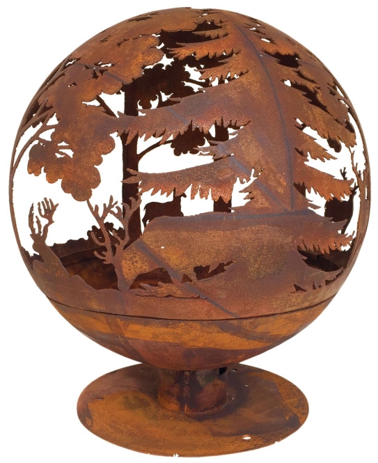 Feuerkorb Wald-Motiv Metall Laser Cut Feuerball Rost-Optik 60cm