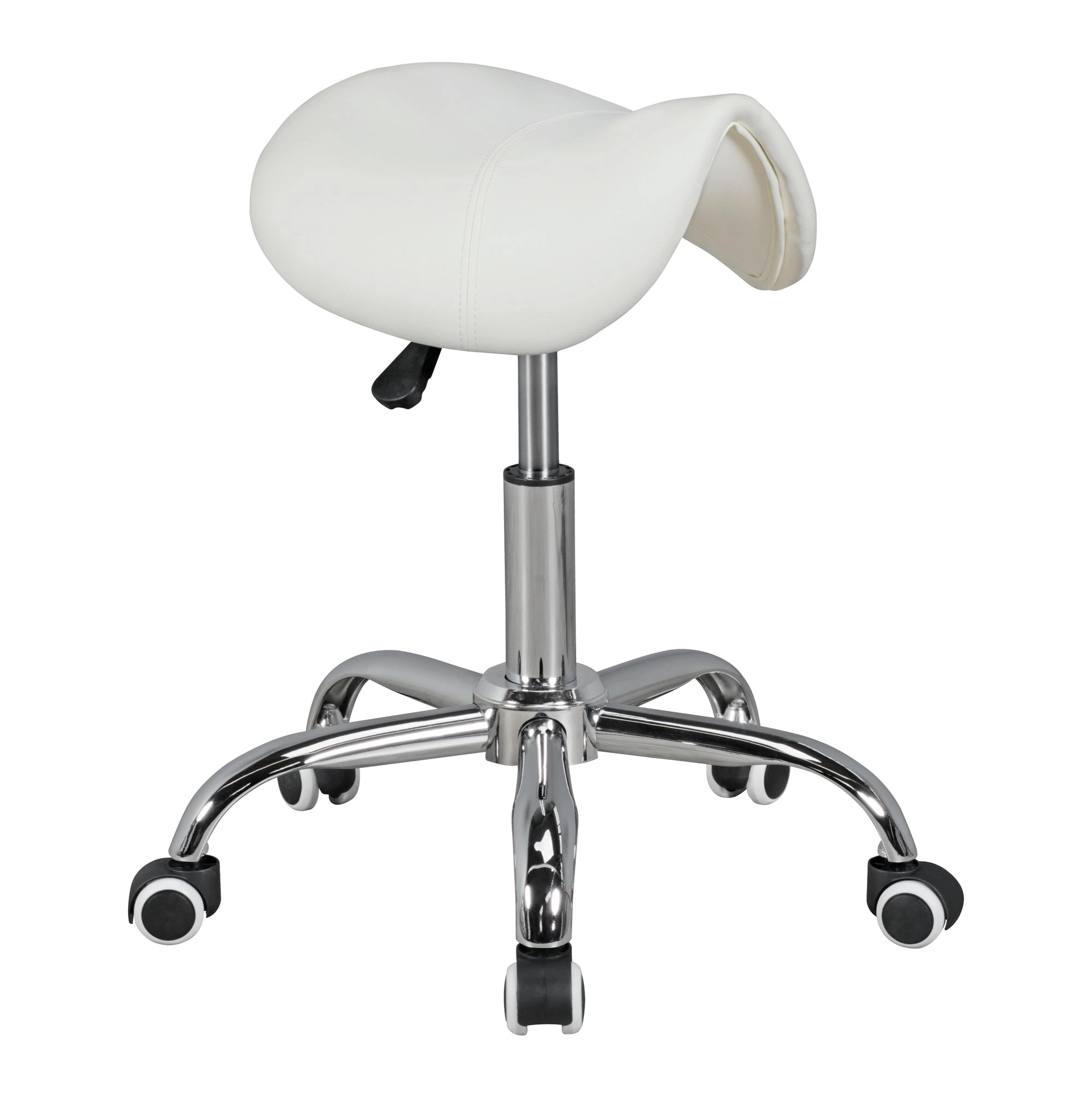FineBuy MENTON - Sattel-Hocker, Arbeitshocker mit Kunstleder-Bezug, Sitzhocker ist höhenverstellbar, Design Drehhocker mit Rollen, Kosmetikhocker & Praxishocker mit Sattelsitz, Friseurhocker