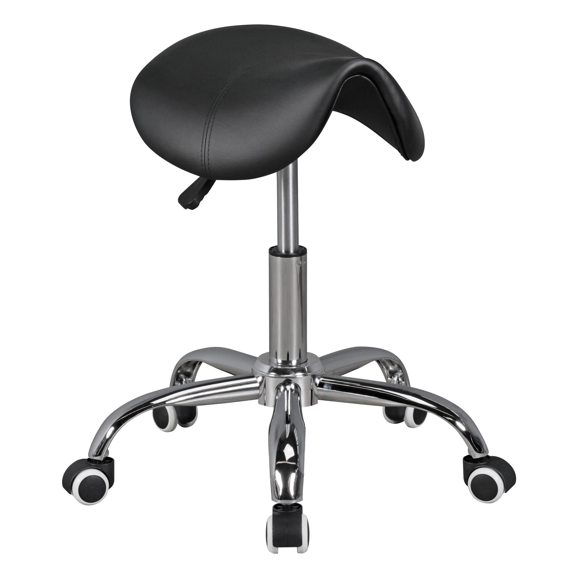 FineBuy MENTON - Sattel-Hocker, Arbeitshocker mit Kunstleder-Bezug, Sitzhocker ist höhenverstellbar, Design Drehhocker mit Rollen, Kosmetikhocker & Praxishocker mit Sattelsitz, Friseurhocker