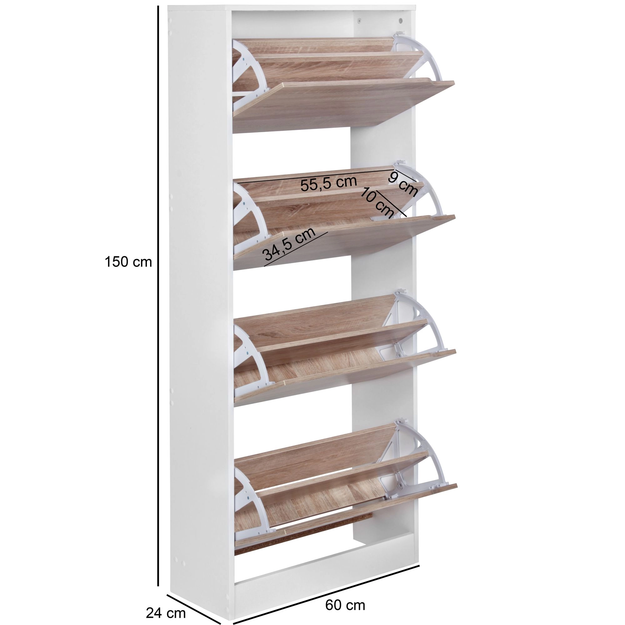 FineBuy Schuhkipper mit 4 Fächern für 24 Paar Schuhe, Moderner Schuhschrank in Sonoma Weiß, Schuhkommode 60 x 24 x 150 cm