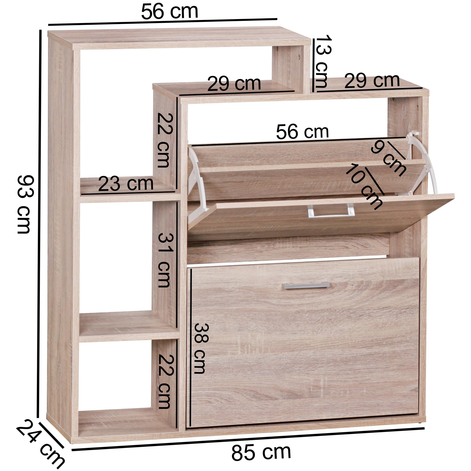 FineBuy Moderner Schuhkipper MASSA Holz 2 Fächer Sonoma Eiche 12 Paar Schuhe, Schuhschrank 85 x 24 x 93 cm, Schuhkommode Flur mit Ablage Regal