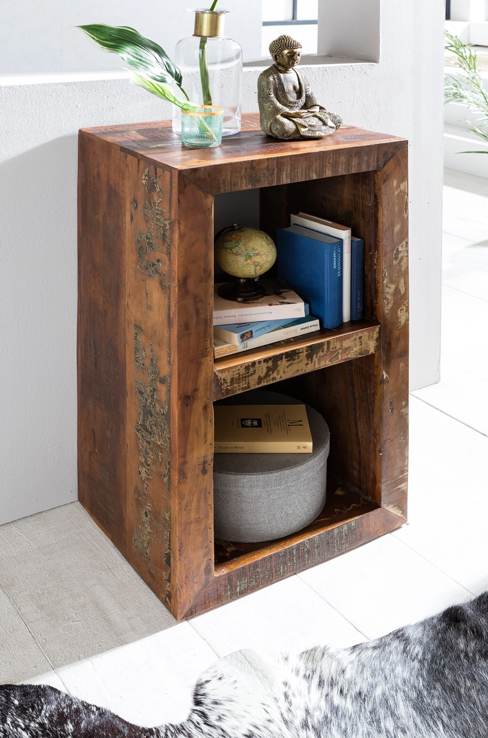 FineBuy Bücherregal KALKUTTA 45 x 35 x 90 cm, Massivholz Regal mit 2 Ebenen, Cube Beistelltisch Wohnzimmer, Standregal Shabby-Chic