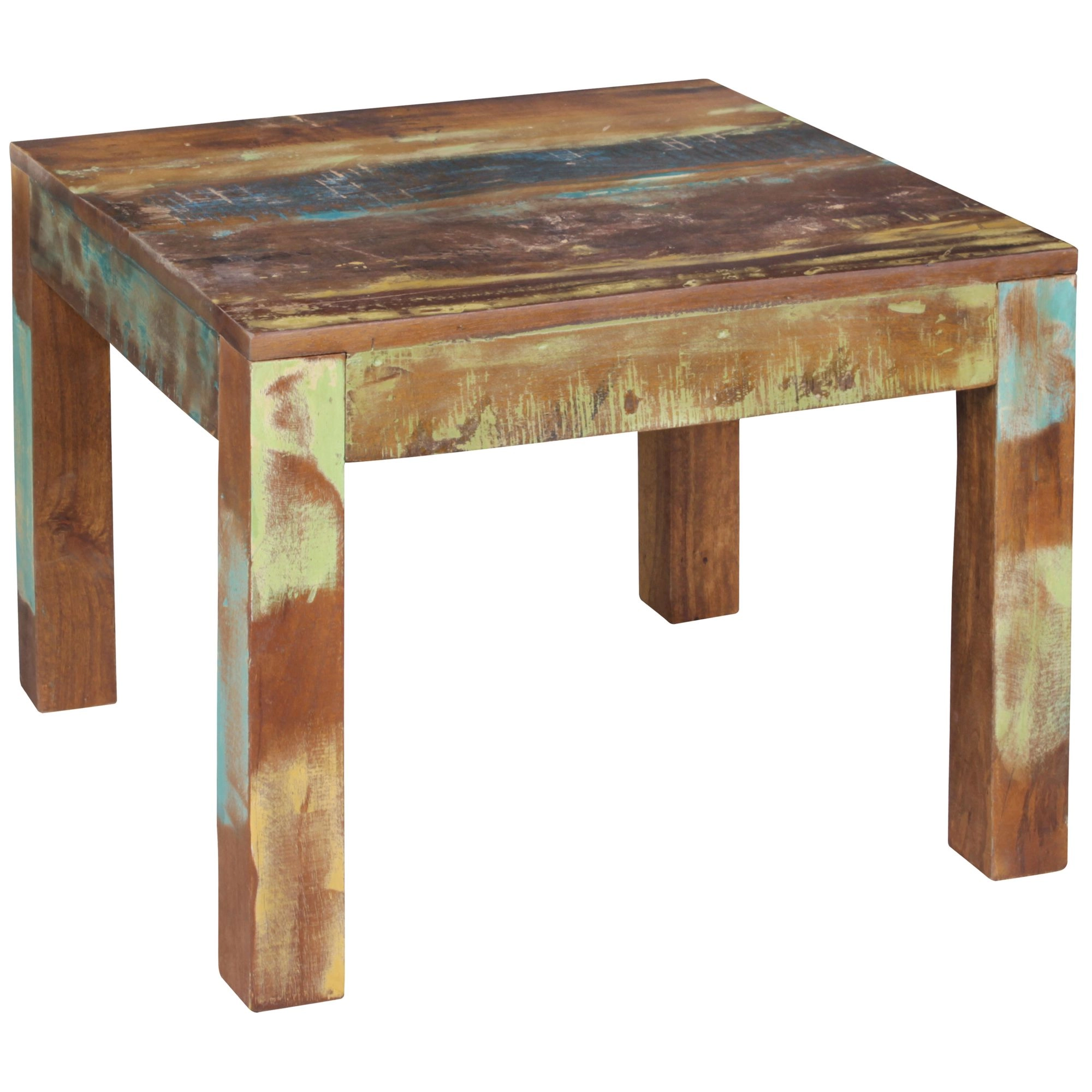 FineBuy Couchtisch KALKUTTA 60 x 47 x 60 cm, Massivholz Beistelltisch Shabby-Chic, Wohnzimmer Tisch aus Bootsholz, Sofatisch quadratisch