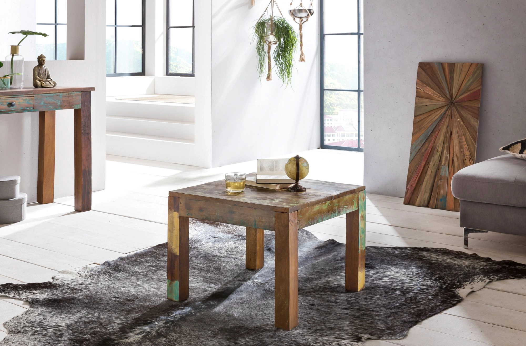 FineBuy Couchtisch KALKUTTA 60 x 47 x 60 cm, Massivholz Beistelltisch Shabby-Chic, Wohnzimmer Tisch aus Bootsholz, Sofatisch quadratisch