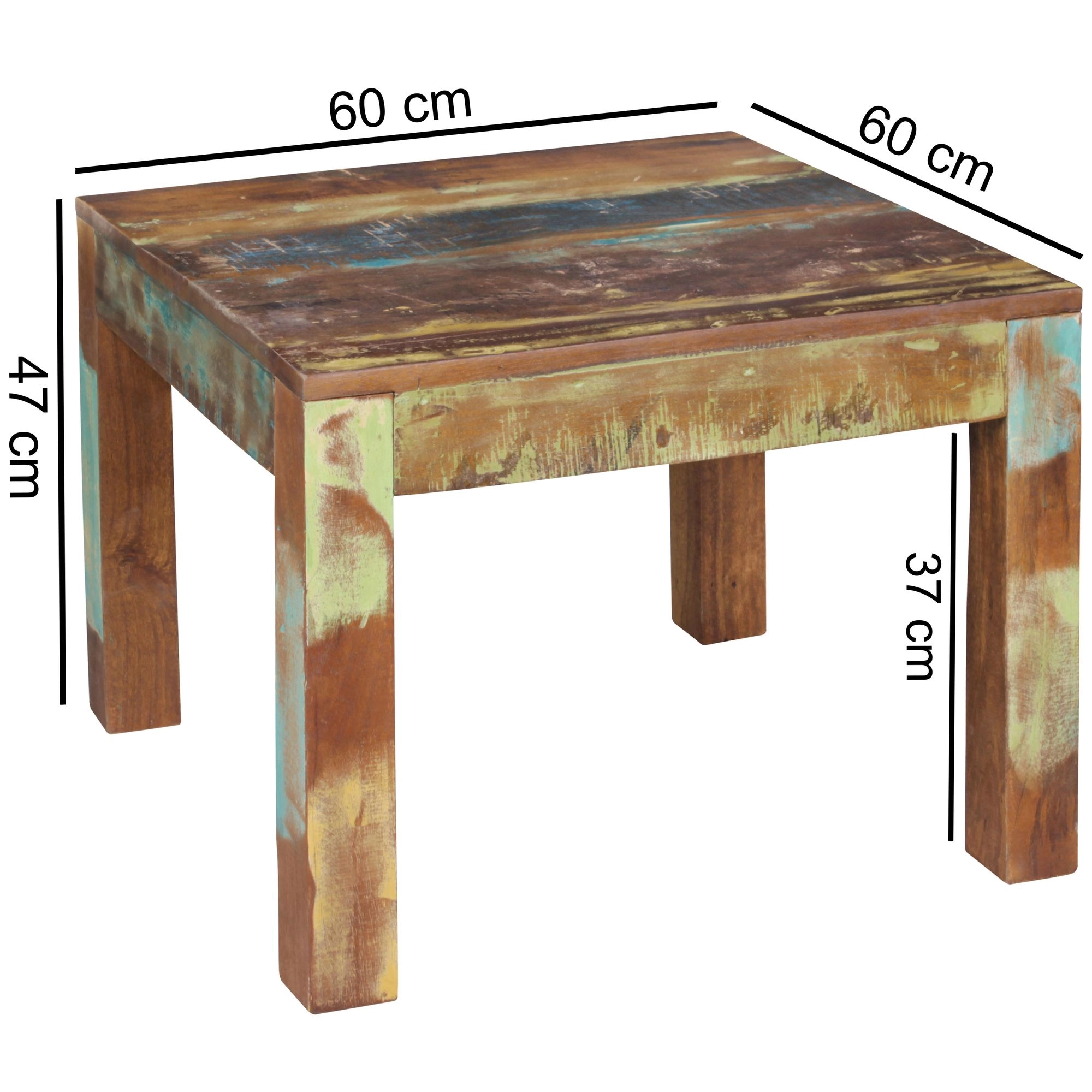 FineBuy Couchtisch KALKUTTA 60 x 47 x 60 cm, Massivholz Beistelltisch Shabby-Chic, Wohnzimmer Tisch aus Bootsholz, Sofatisch quadratisch