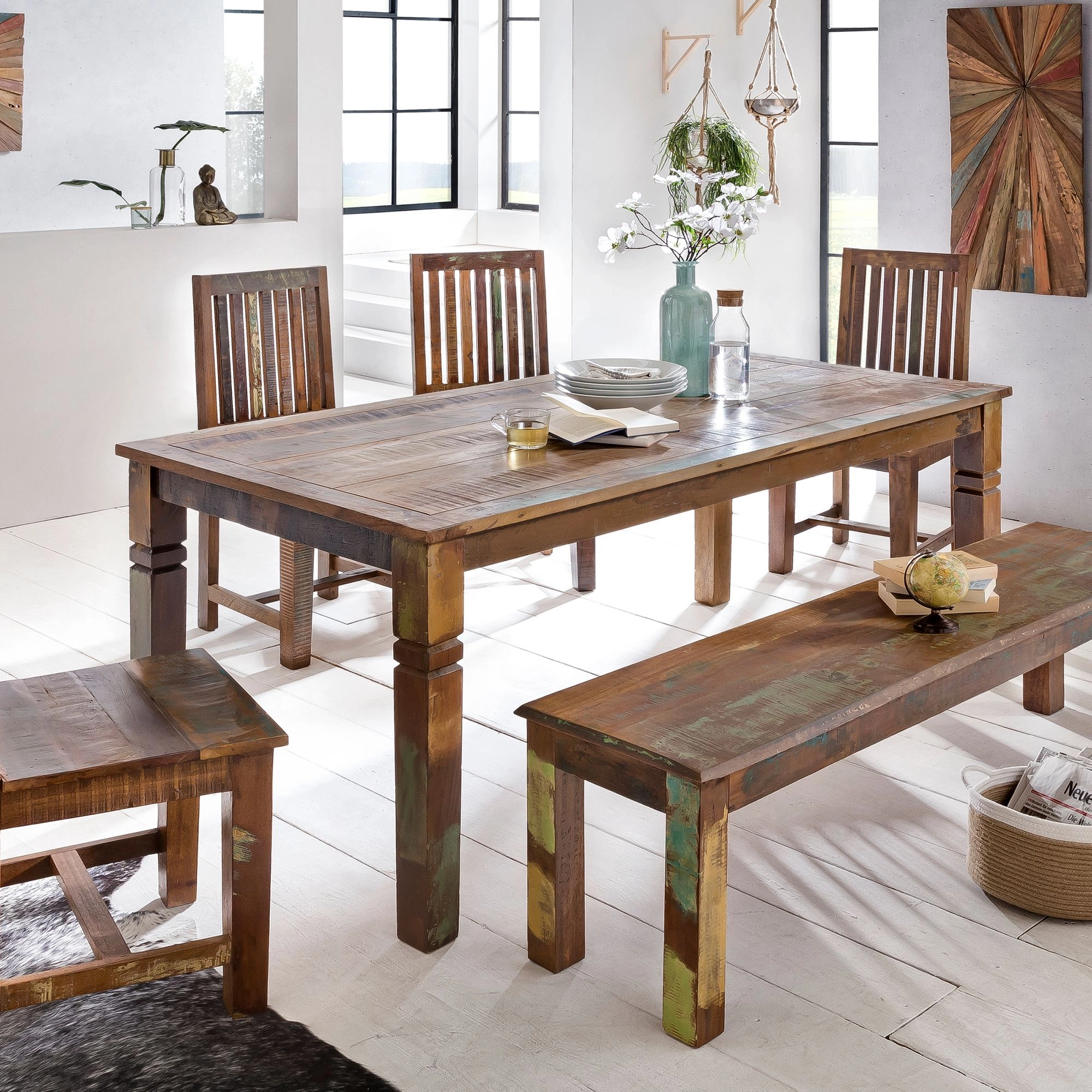 FineBuy Esszimmertisch KALKUTTA 120 x 70 x 76 cm, Massivholz Esstisch für 4-6 Personen, Küchentisch Bootsholz Shabby Chic, Tisch Esszimmer rechteckig