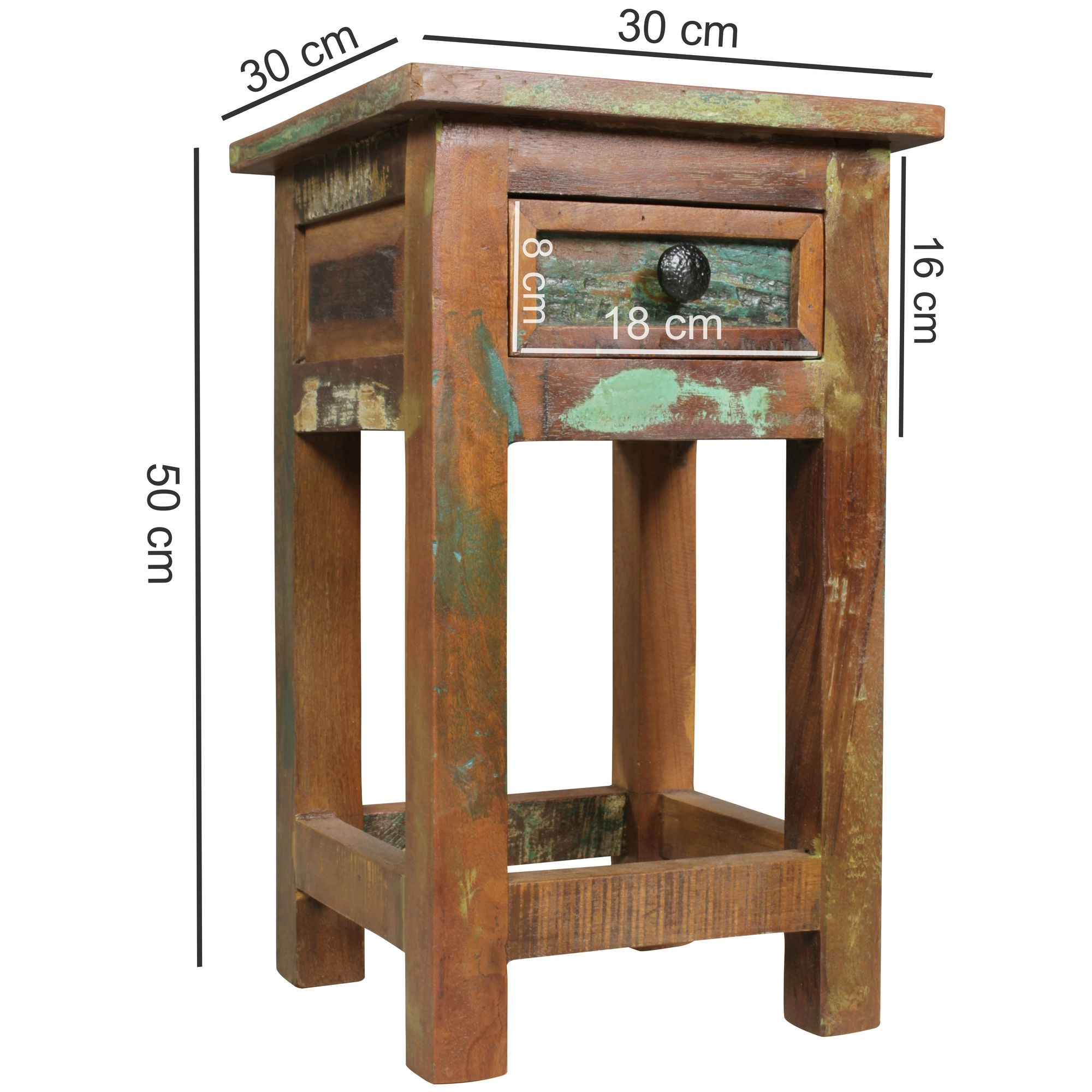 FineBuy Beistelltisch KALKUTTA 30 x 30 x 50 cm, Massivholz Nachtkonsole mit Schublade, Nachttisch Schlafzimmer aus Massiv Holz, Nachtkonsole - Anstelltisch Shabby-Chic