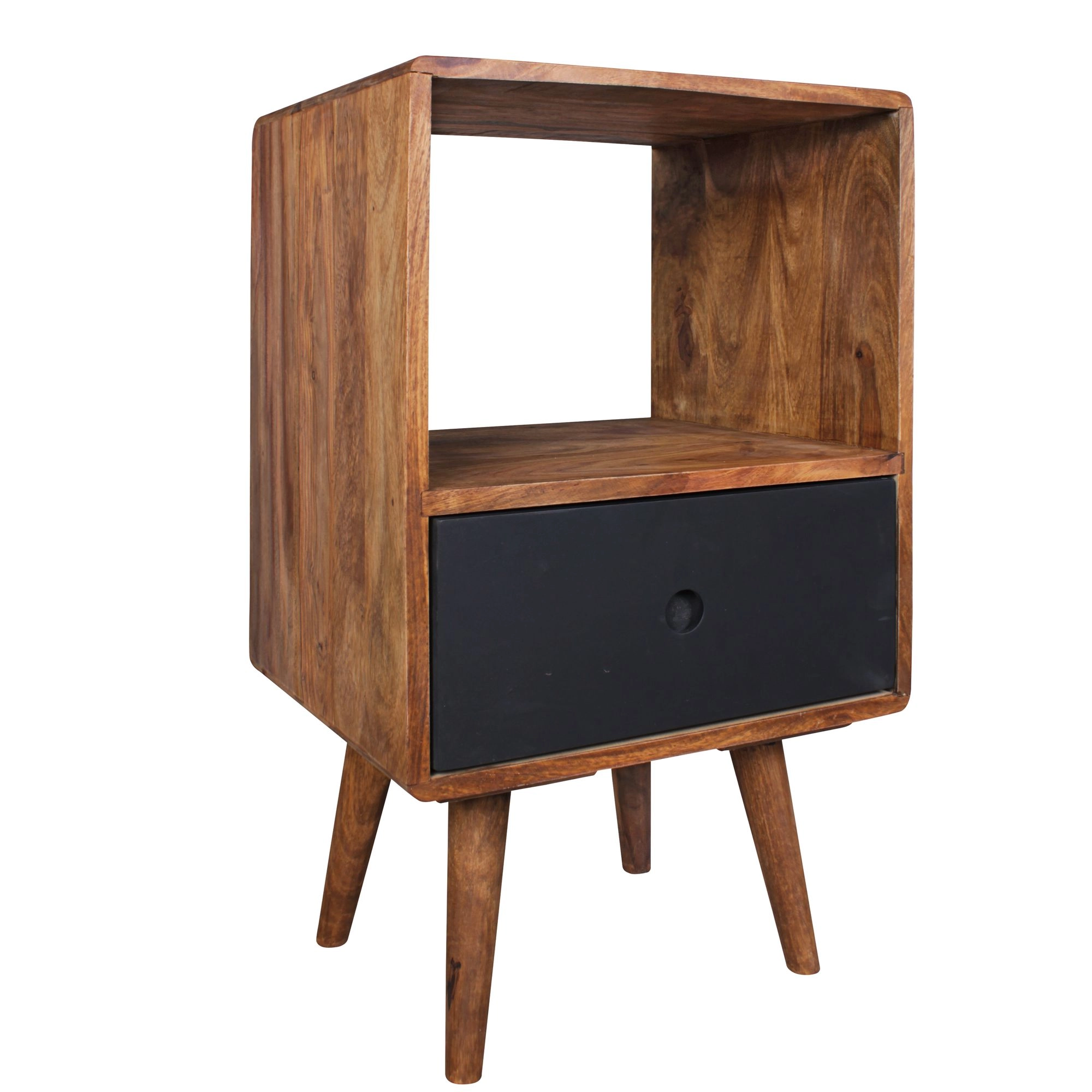 FineBuy Retro Nachtkonsole REPA Sheesham Holz Nachttisch mit Schublade 40 x 35 x 70 cm, Design Nachtkästchen Massiv für Boxspring, Großes Nachtschränkchen dunkelbraun Nako