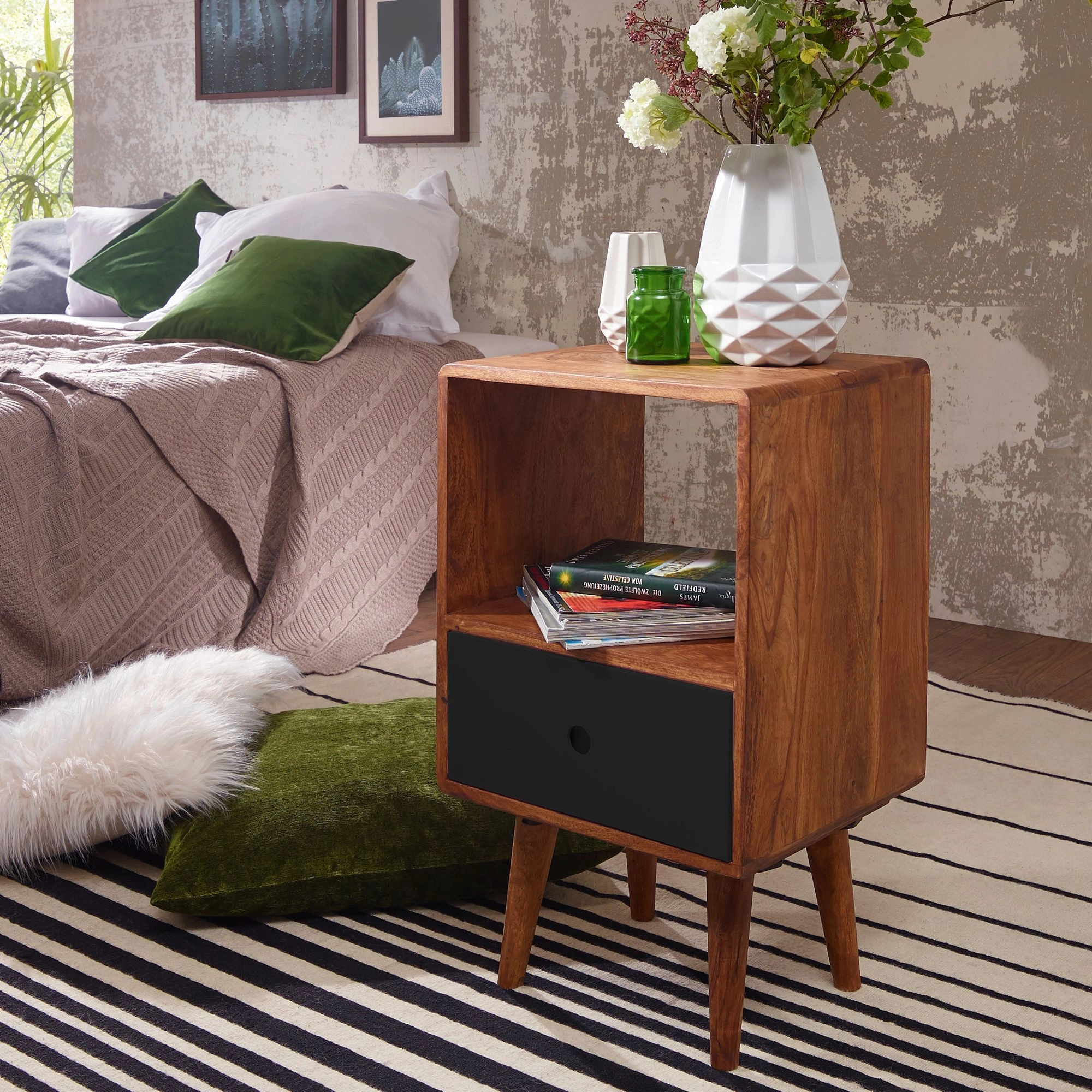 FineBuy Retro Nachtkonsole REPA Sheesham Holz Nachttisch mit Schublade 40 x 35 x 70 cm, Design Nachtkästchen Massiv für Boxspring, Großes Nachtschränkchen dunkelbraun Nako