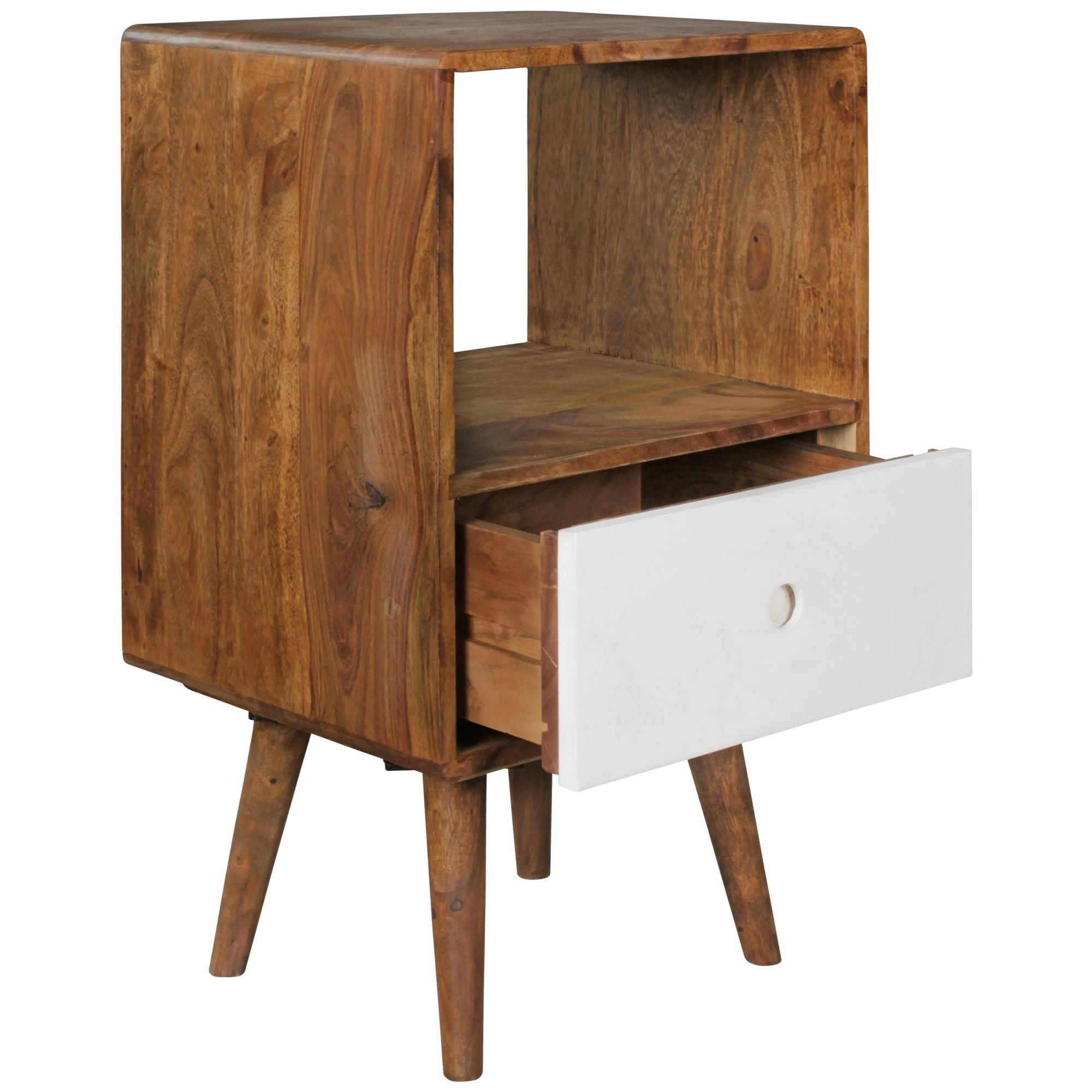 FineBuy Retro Nachtkonsole REPA Sheesham Holz Nachttisch mit Schublade 40 x 35 x 70 cm, Design Nachtkästchen Massiv für Boxspring, Großes Nachtschränkchen dunkelbraun Nako