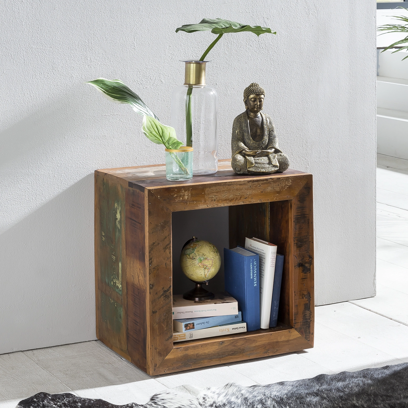FineBuy Beistelltisch KALKUTTA 45 x 45 x 35 cm, Massivholz Cube Tisch für Wohnzimmer, Wohnzimmertisch mit Ablage, Nachttisch - Nachtkonsole - Nachtkästchen