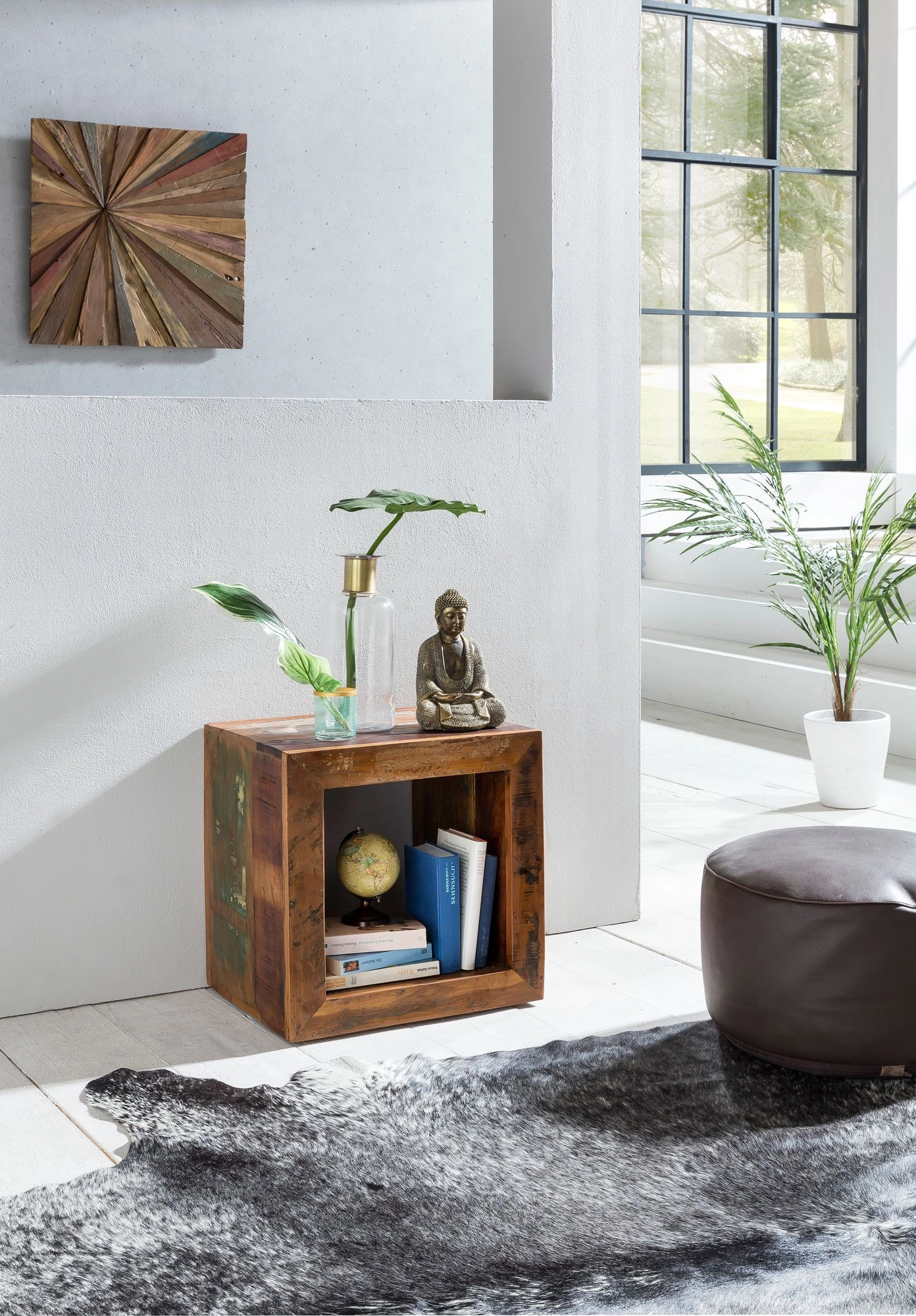 FineBuy Beistelltisch KALKUTTA 45 x 45 x 35 cm, Massivholz Cube Tisch für Wohnzimmer, Wohnzimmertisch mit Ablage, Nachttisch - Nachtkonsole - Nachtkästchen