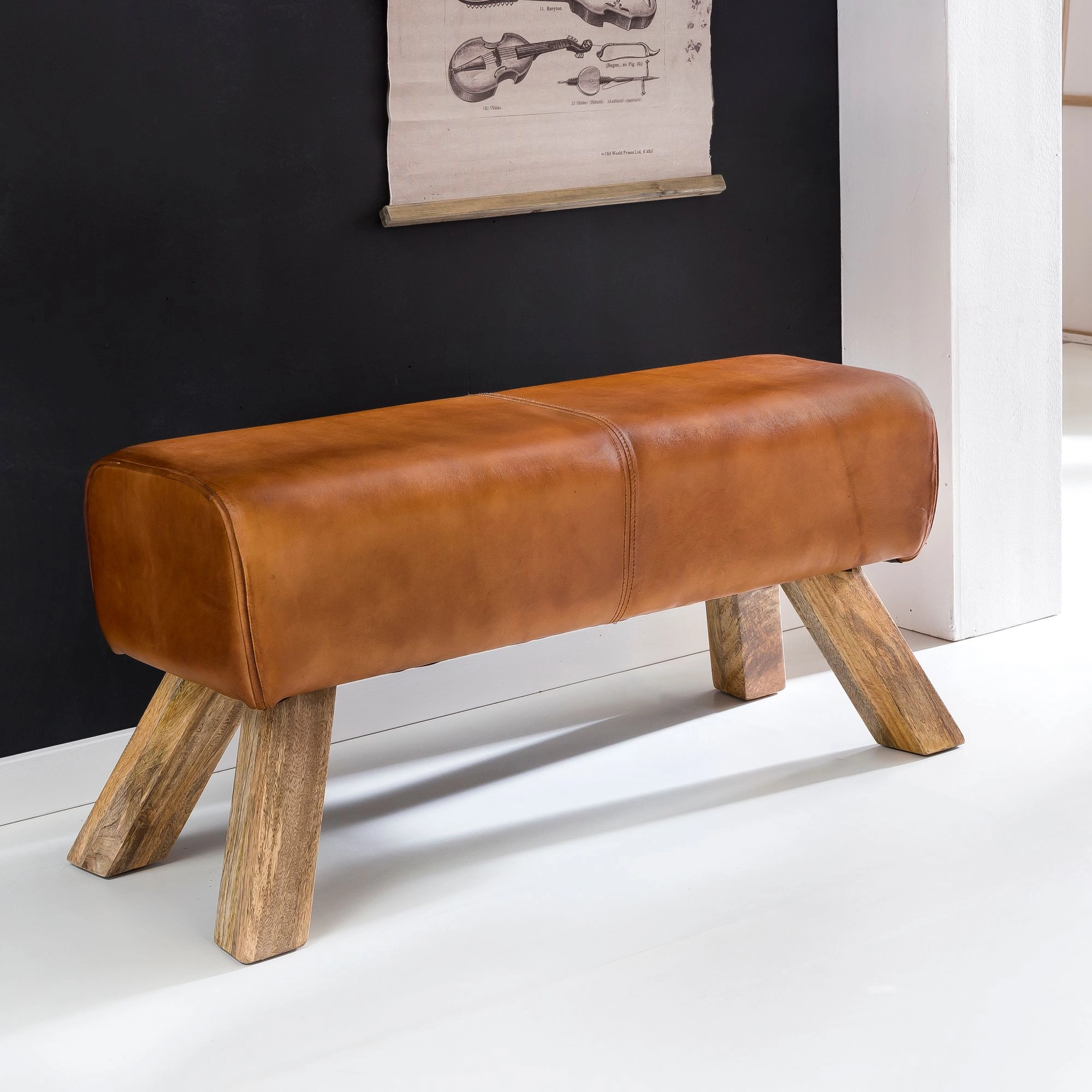 FineBuy Design Sitzhocker FB45549 Holz 90x30x43 cm Leder Modern Springbock, Lederhocker mit Holzbeinen, Massivholz Hocker mit Leder, Springbock Turnbank Gepolstert, Garderobenbank Echtes Leder