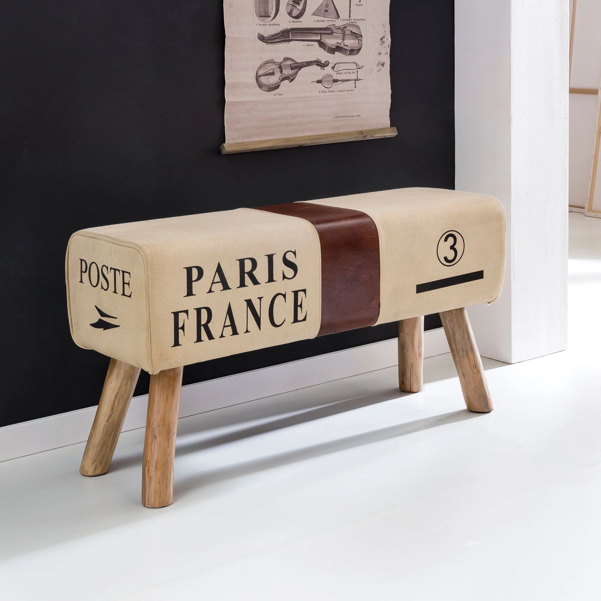 FineBuy Design Turnbock Sitzbank CANVAS Braun 91 x 30 x 50 cm, Turnhocker Bank aus Echtleder / Stoff, Hocker Garderobenbank Sitzhocker Springbock Turnbank