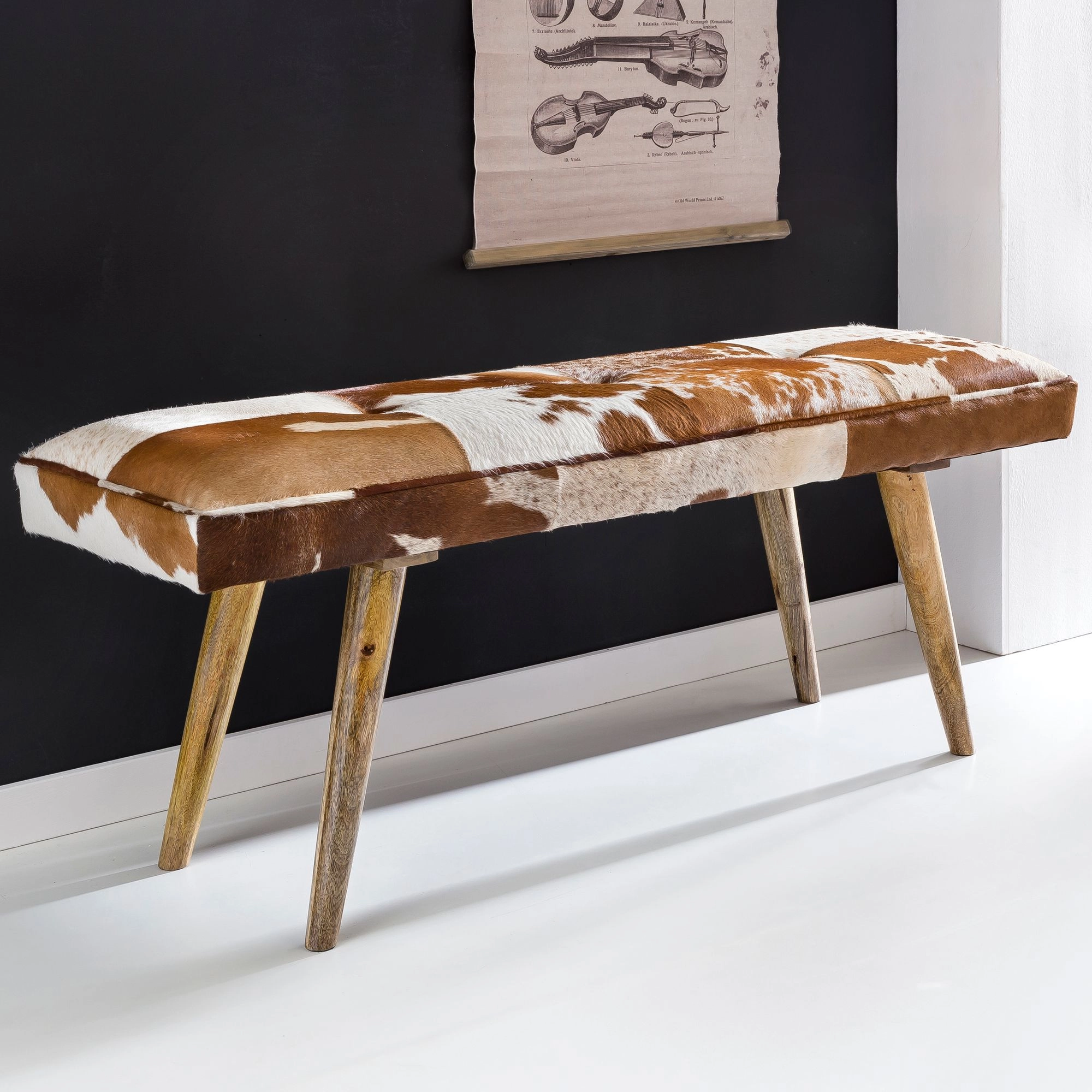 FineBuy Sitzbank Ziegenfell / Massivholz Bank 120 x 40 x 52 cm, Polsterbank Flur Esszimmer Braun, Kleine Bettbank Fell, Dielenmöbel Flurbank