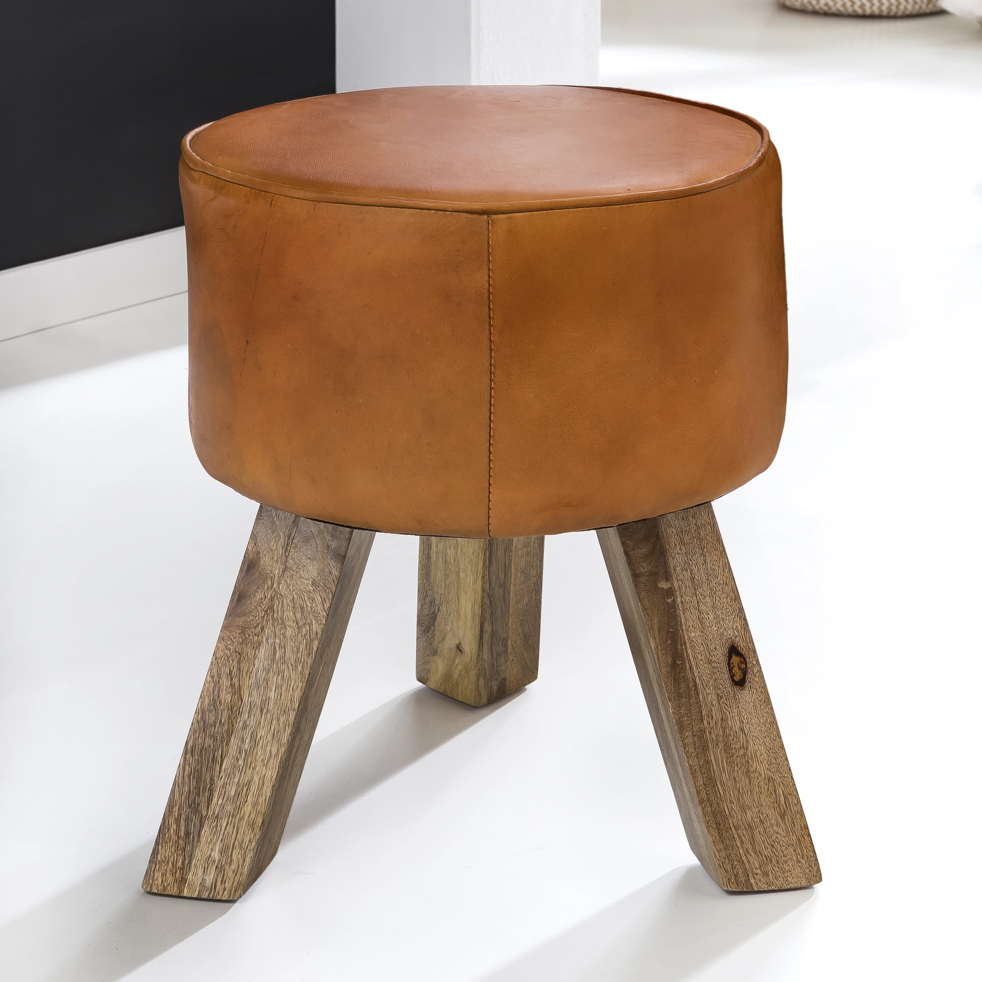 FineBuy Design Sitzhocker FB45553 Holz 37x45x37 cm Modern Fußhocker Rund, Turnbock Lederhocker Holzbeine, Hocker Massivholz mit Leder, Kleiner Fußhocker Gepolstert, Holzhocker mit Echtleder Braun
