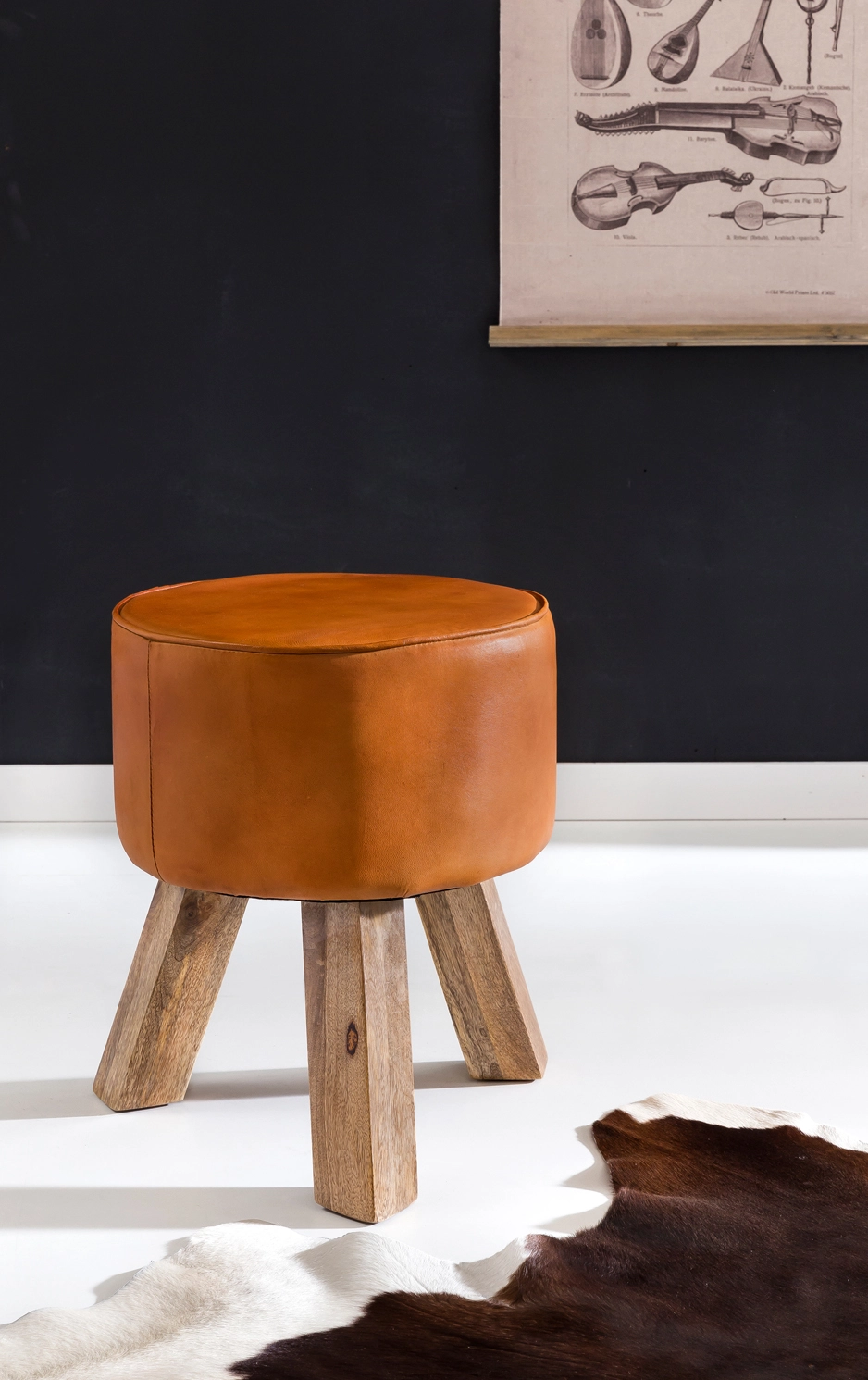 FineBuy Design Sitzhocker FB45553 Holz 37x45x37 cm Modern Fußhocker Rund, Turnbock Lederhocker Holzbeine, Hocker Massivholz mit Leder, Kleiner Fußhocker Gepolstert, Holzhocker mit Echtleder Braun