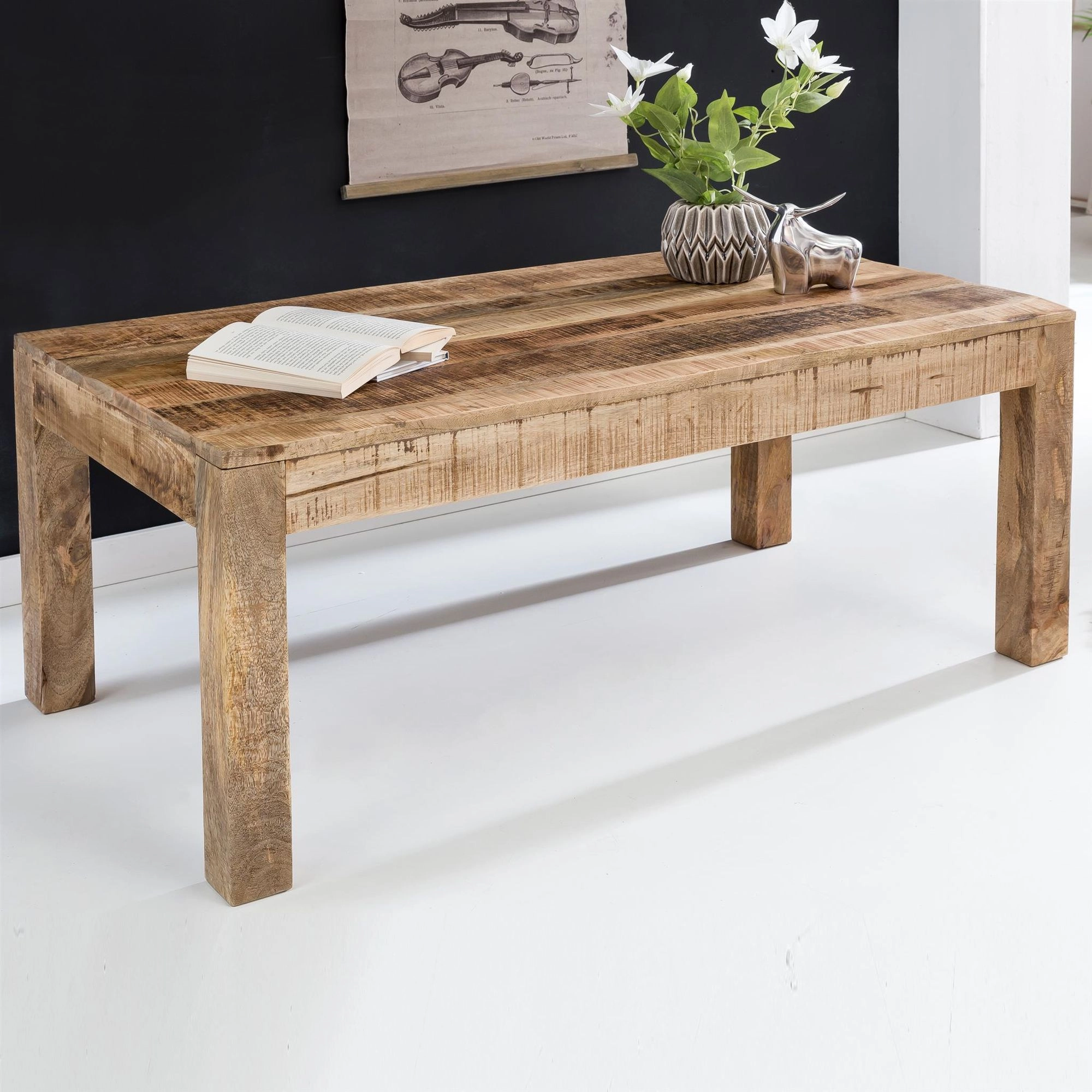 FineBuy Couchtisch 110 x 60 x 47 cm Rechteckig Mangoholz Natur Hell-Braun, Massivholz Stubentisch Landhaus-Stil, Echtholz Tisch Wohnzimmer Rustikal, Wohnzimmertisch Sofatisch Modern
