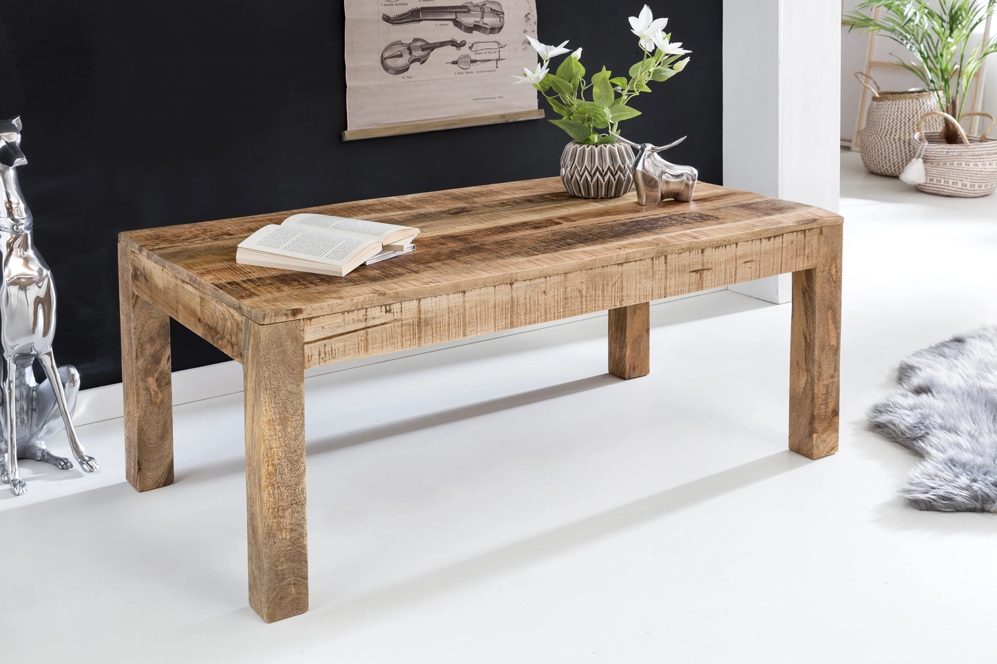 FineBuy Couchtisch 110 x 60 x 47 cm Rechteckig Mangoholz Natur Hell-Braun, Massivholz Stubentisch Landhaus-Stil, Echtholz Tisch Wohnzimmer Rustikal, Wohnzimmertisch Sofatisch Modern