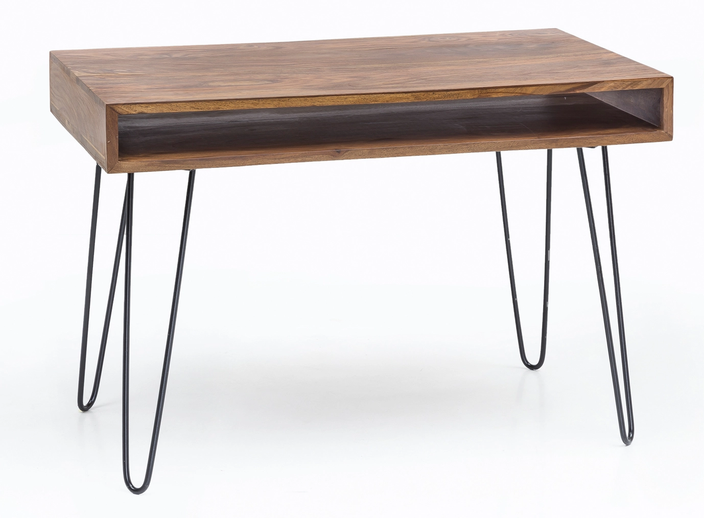 Massiver Schreibtisch HARLEM Sheesham Massiv Holz 110 x 60 x 76 cm mit Ablage, Computertisch Massivholz mit Metall Beinen, Design Holz PC Tisch