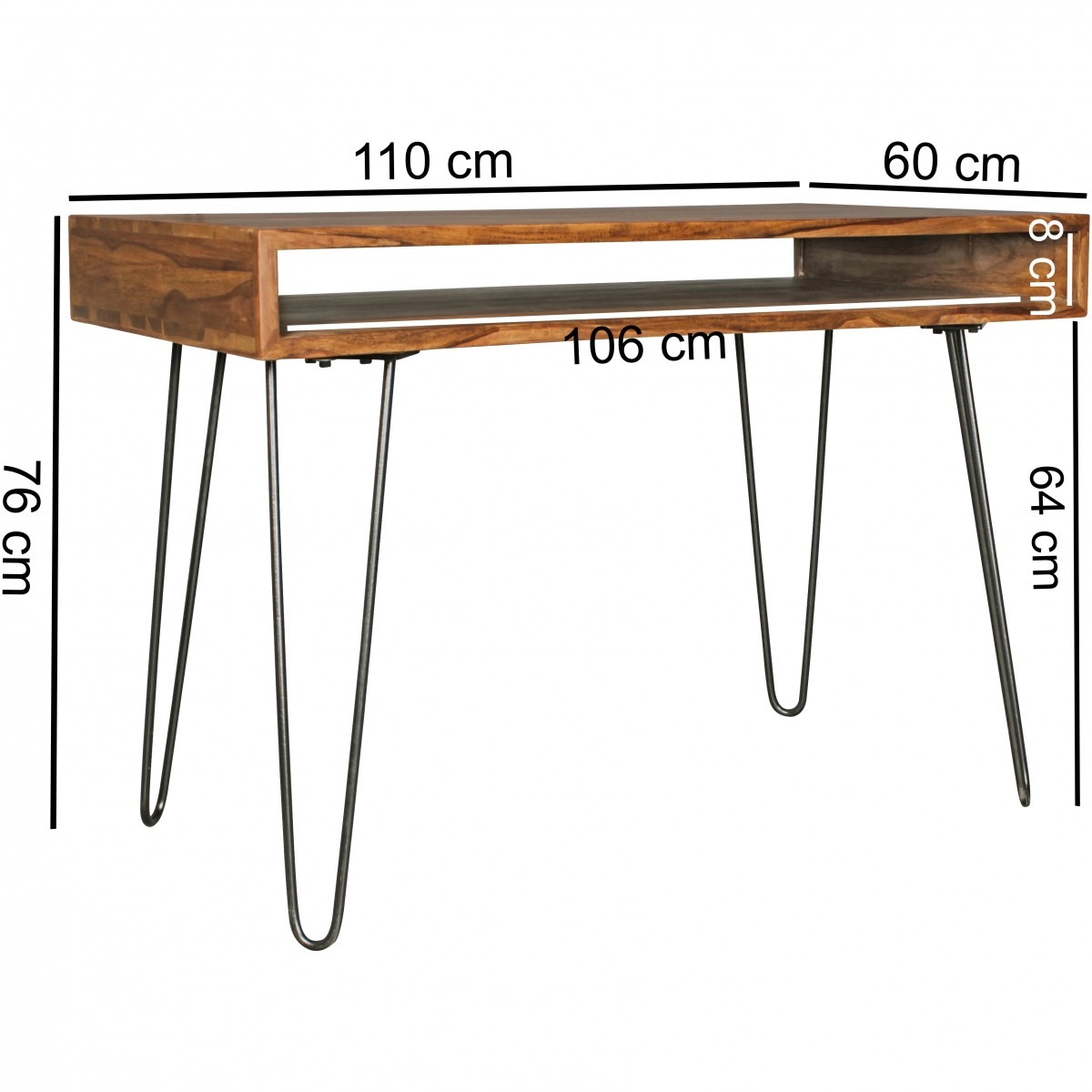 Massiver Schreibtisch HARLEM Sheesham Massiv Holz 110 x 60 x 76 cm mit Ablage, Computertisch Massivholz mit Metall Beinen, Design Holz PC Tisch