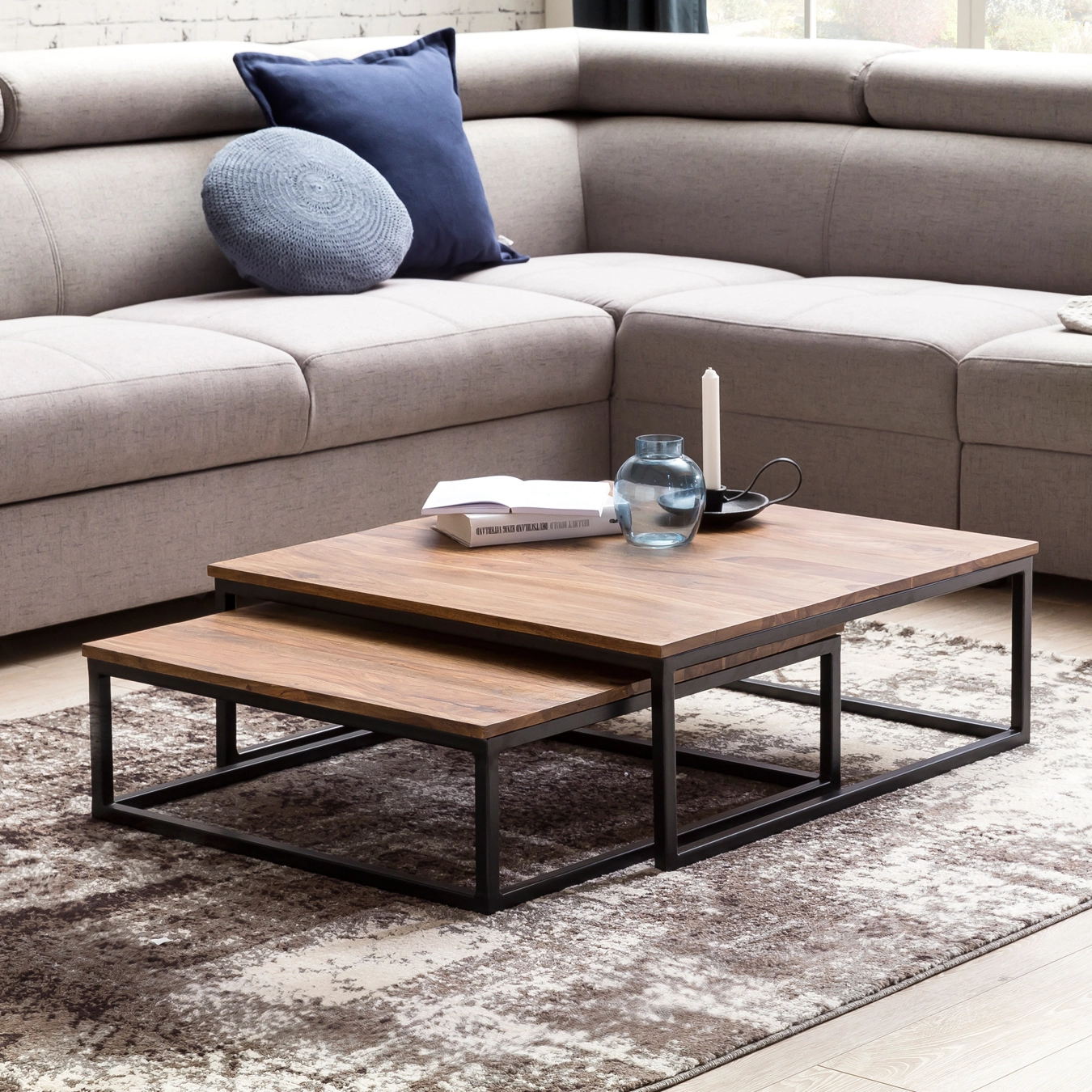 FineBuy Couchtisch 75 x 75 x 27 cm 2er Set Satztisch Metall Beine Sheesham Holz Massiv, Wohnzimmertisch Quadratisch Braun, Beistelltisch Massivholz, Design Lounge Holztisch Wohnzimmer