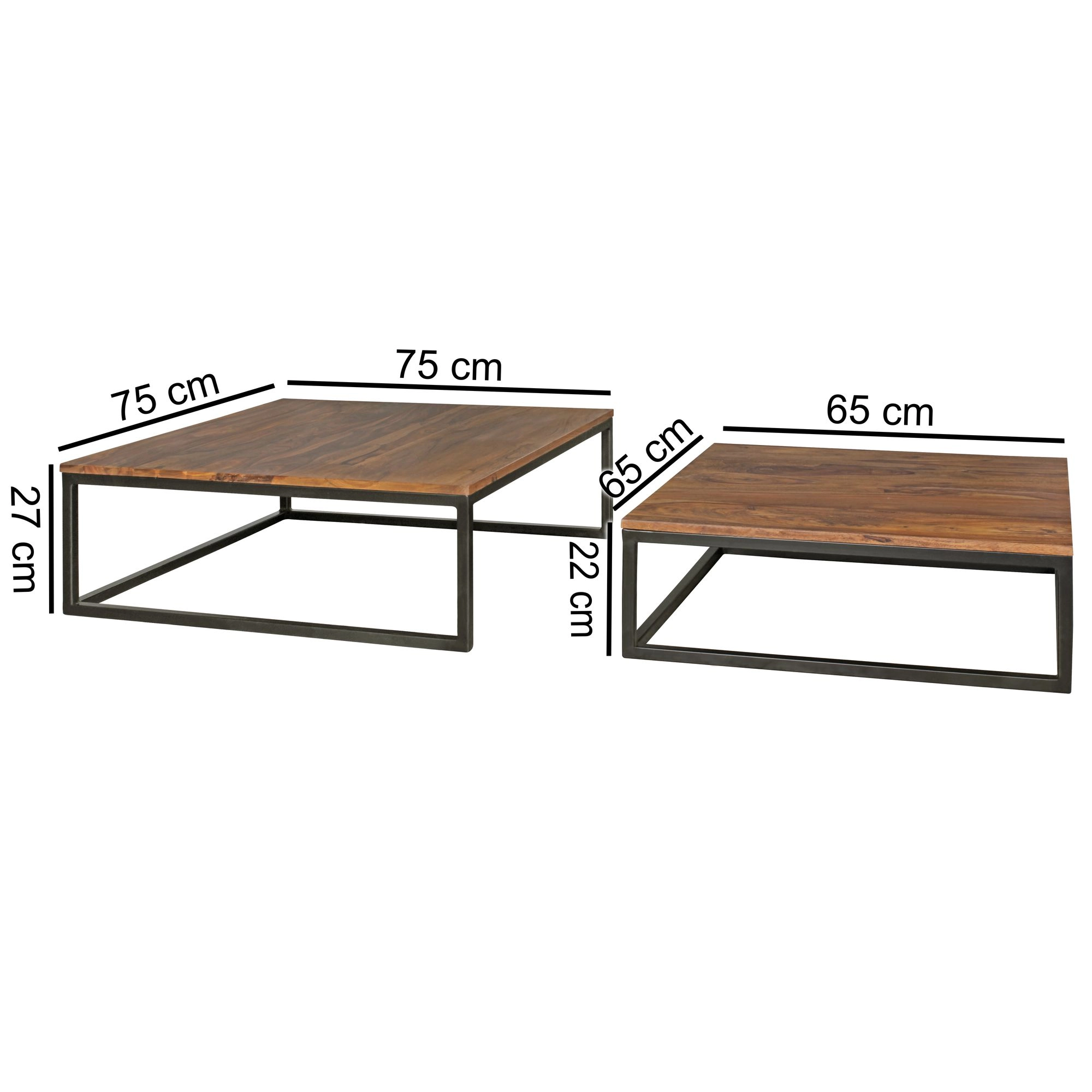 FineBuy Couchtisch 75 x 75 x 27 cm 2er Set Satztisch Metall Beine Sheesham Holz Massiv, Wohnzimmertisch Quadratisch Braun, Beistelltisch Massivholz, Design Lounge Holztisch Wohnzimmer