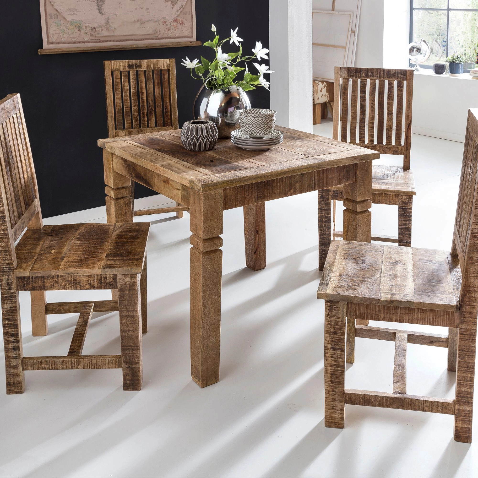 FineBuy Esszimmertisch FB45593 Braun 80 x 80 x 76 cm Mango Massivholz, Design Landhaus Esstisch Massiv, Tisch für Esszimmer Quadratisch, Küchentisch für 4 Personen, Holztisch Rustikal Klein
