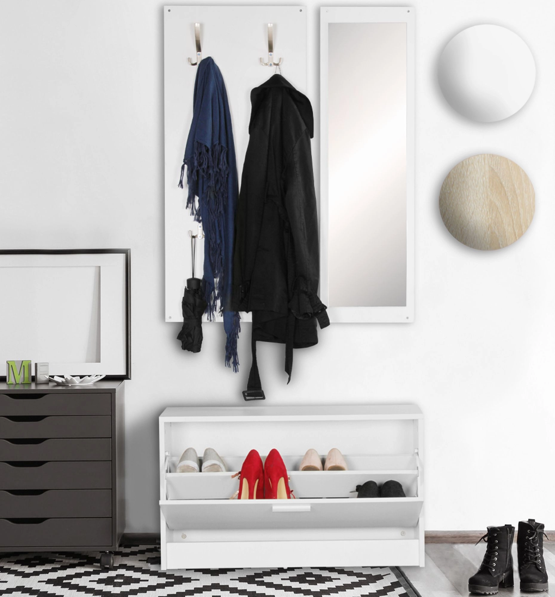 FineBuy Wand-Garderobe SALERNO mit Garderobenpaneel Spiegel & Schuhkipper 80 cm breit 27 cm Schmal, Flurgarderobe Klein Garderobenset Modern Schuhschrank Flur Holz, Garderobe Platzsparend