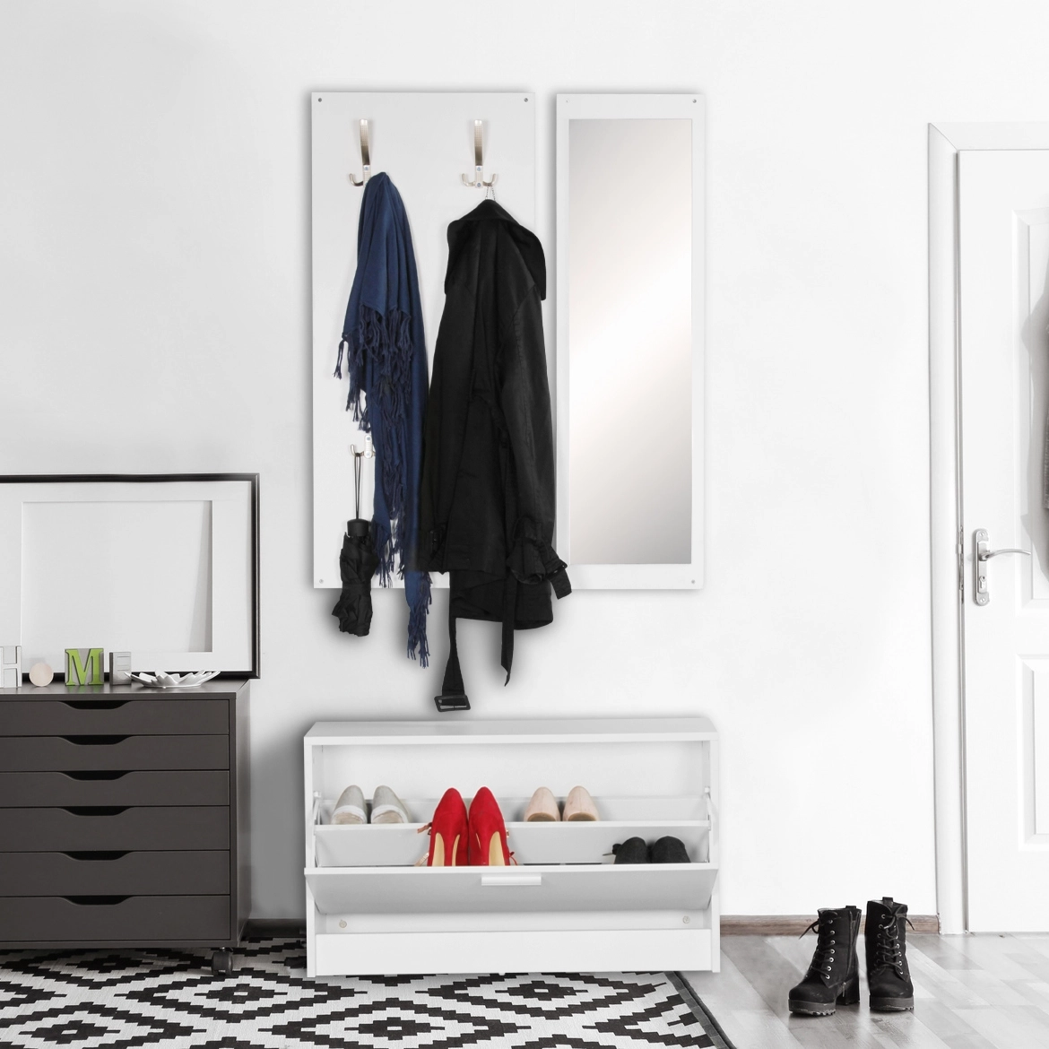 FineBuy Wand-Garderobe SALERNO mit Garderobenpaneel Spiegel & Schuhkipper 80 cm breit 27 cm Schmal, Flurgarderobe Klein Garderobenset Modern Schuhschrank Flur Holz, Garderobe Platzsparend