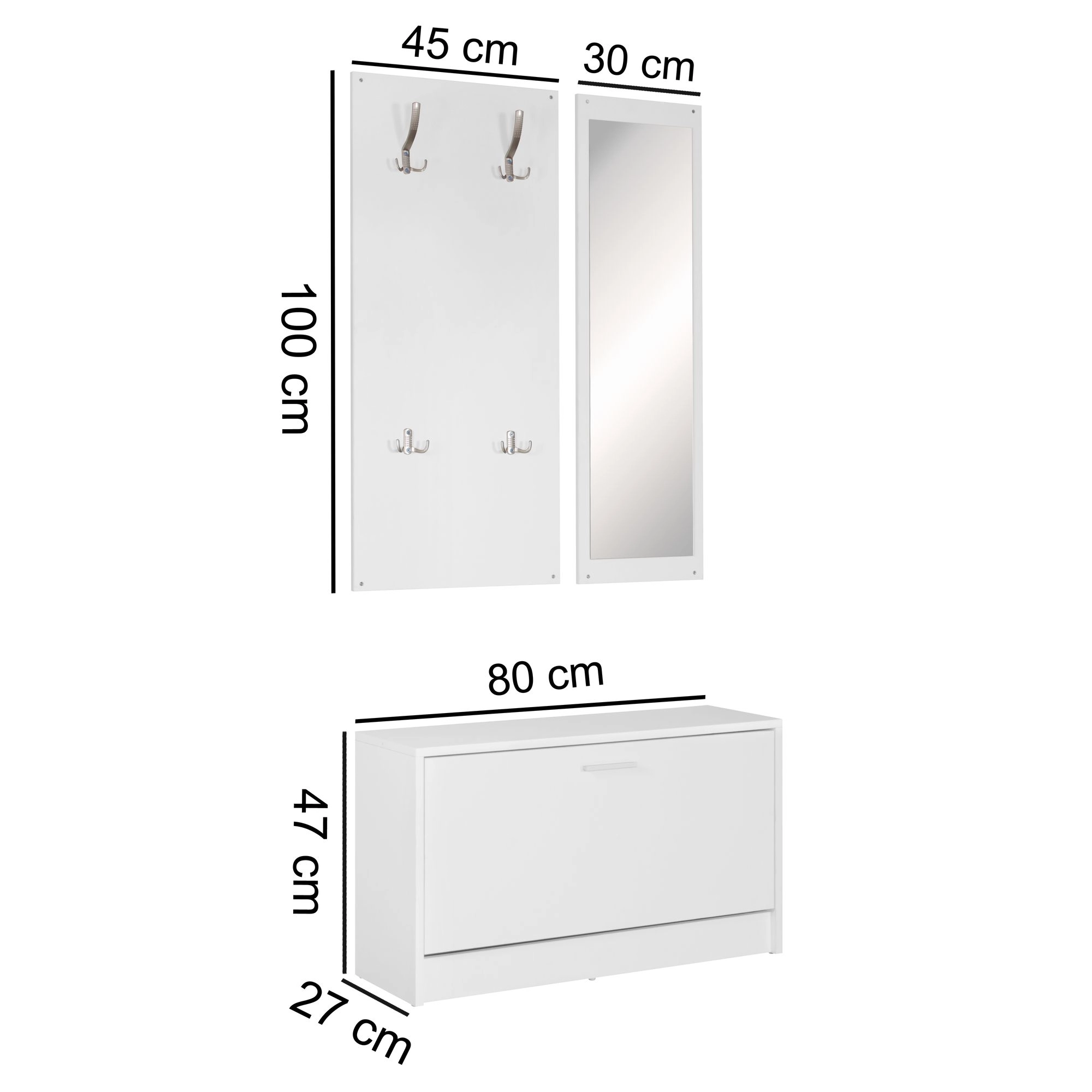 FineBuy Wand-Garderobe SALERNO mit Garderobenpaneel Spiegel & Schuhkipper 80 cm breit 27 cm Schmal, Flurgarderobe Klein Garderobenset Modern Schuhschrank Flur Holz, Garderobe Platzsparend