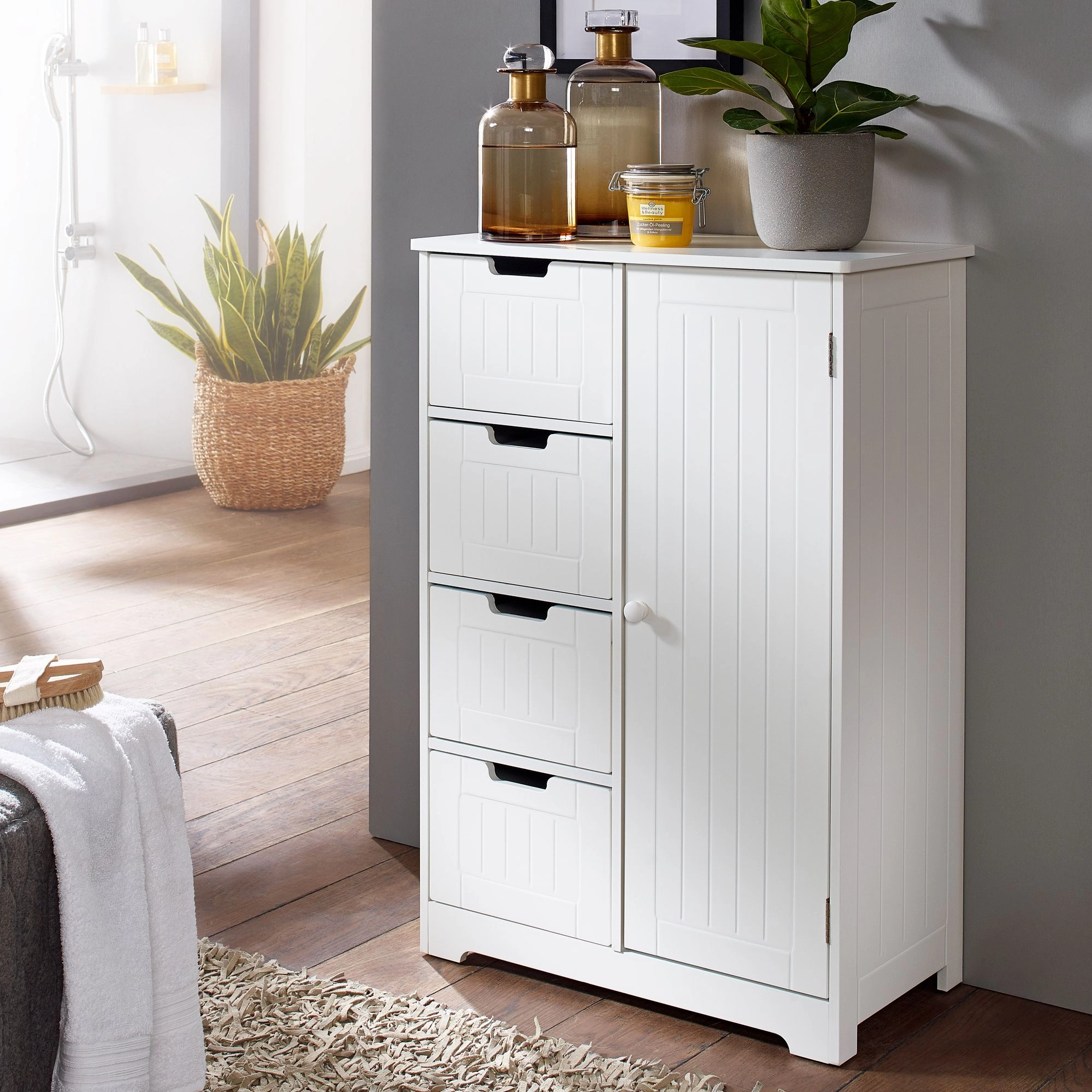 FineBuy Design Badschrank PATTI Landhaus-Stil MDF-Holz 56 x 83 x 30 cm weiß, Badezimmerschrank klein 4 Schubladen & 1 Tür, Beistellschrank Mehrzweckschrank